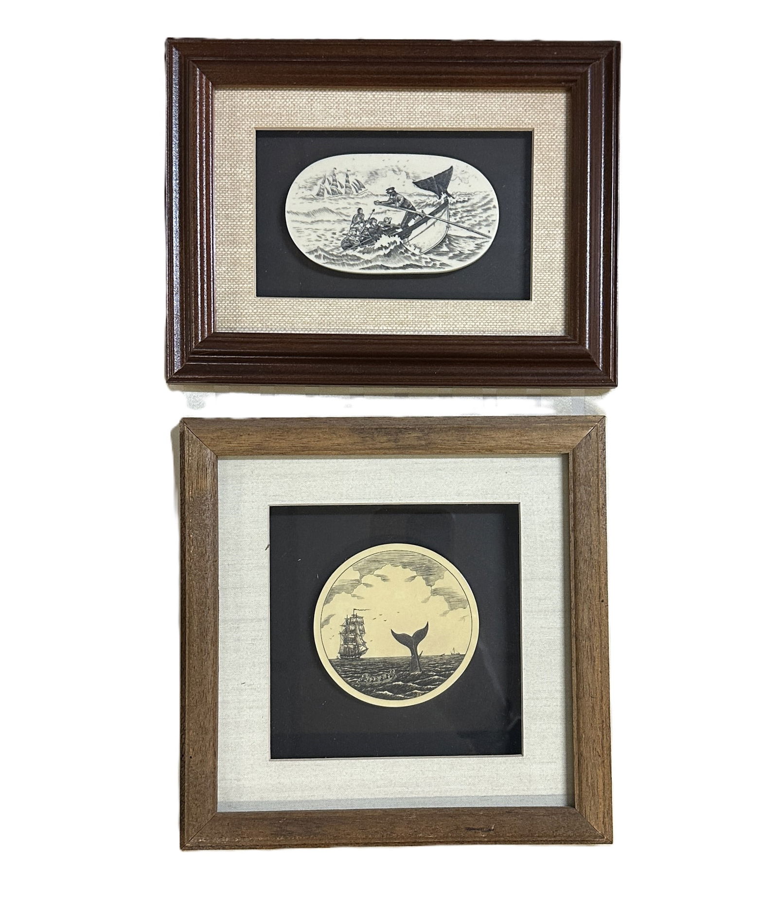 2 SCRIMSHAW WHALING SCENE FRAMED: Two (2) Scrimshaw Whaling Scene Coasters in Shadow box frames. 8.5"x6.5"x1" and 8"x8"x1". Weight 1 lb 8 oz