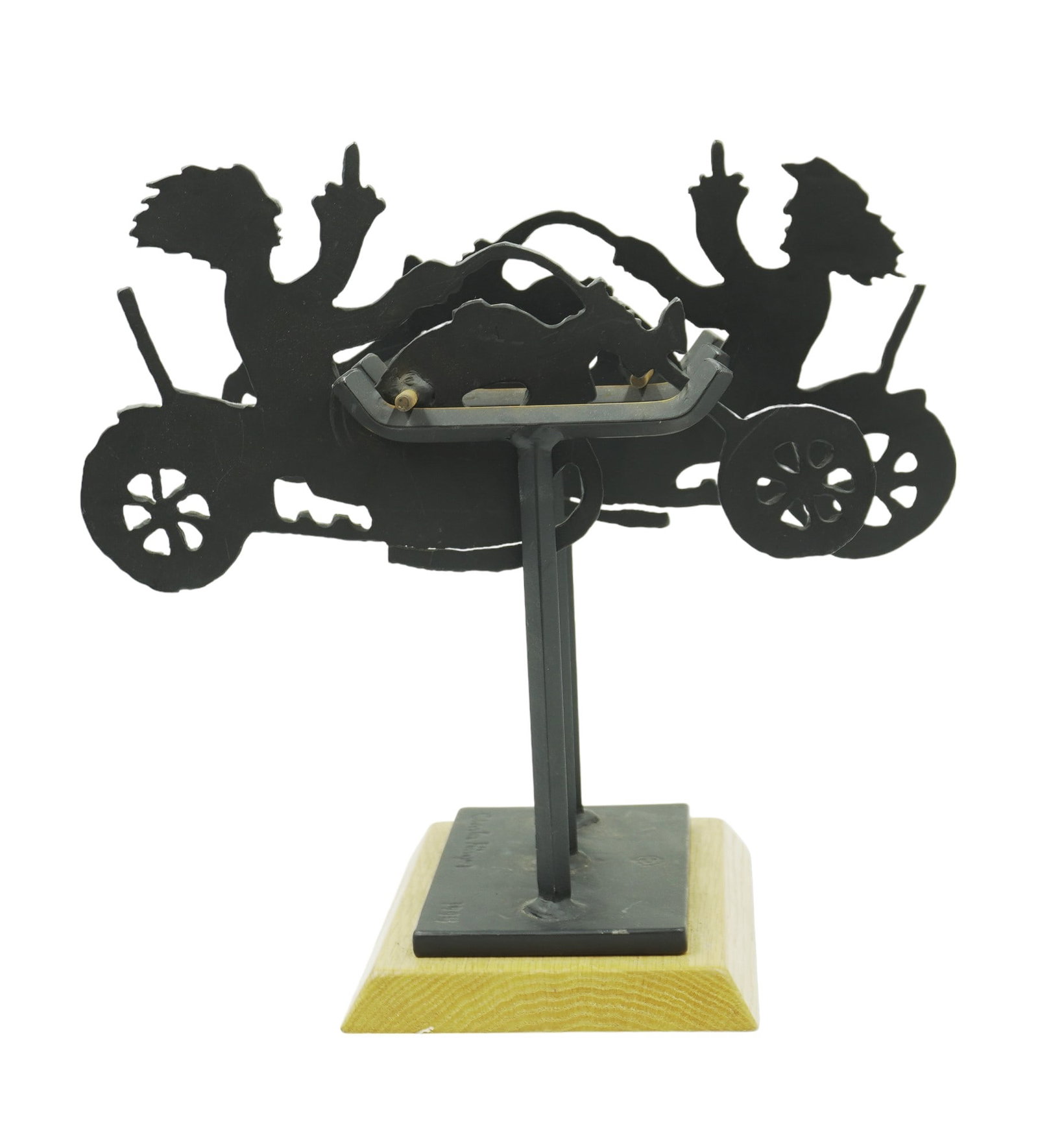 CHARLES RINGER (B. 1984) KINETIC STEEL SCULPTURE: Charles B. Ringer kinetic animated silhouette sculpture "Bikers". Signed 1994. Measures 13" x 12" x 8". Total Weight 9 lbs.