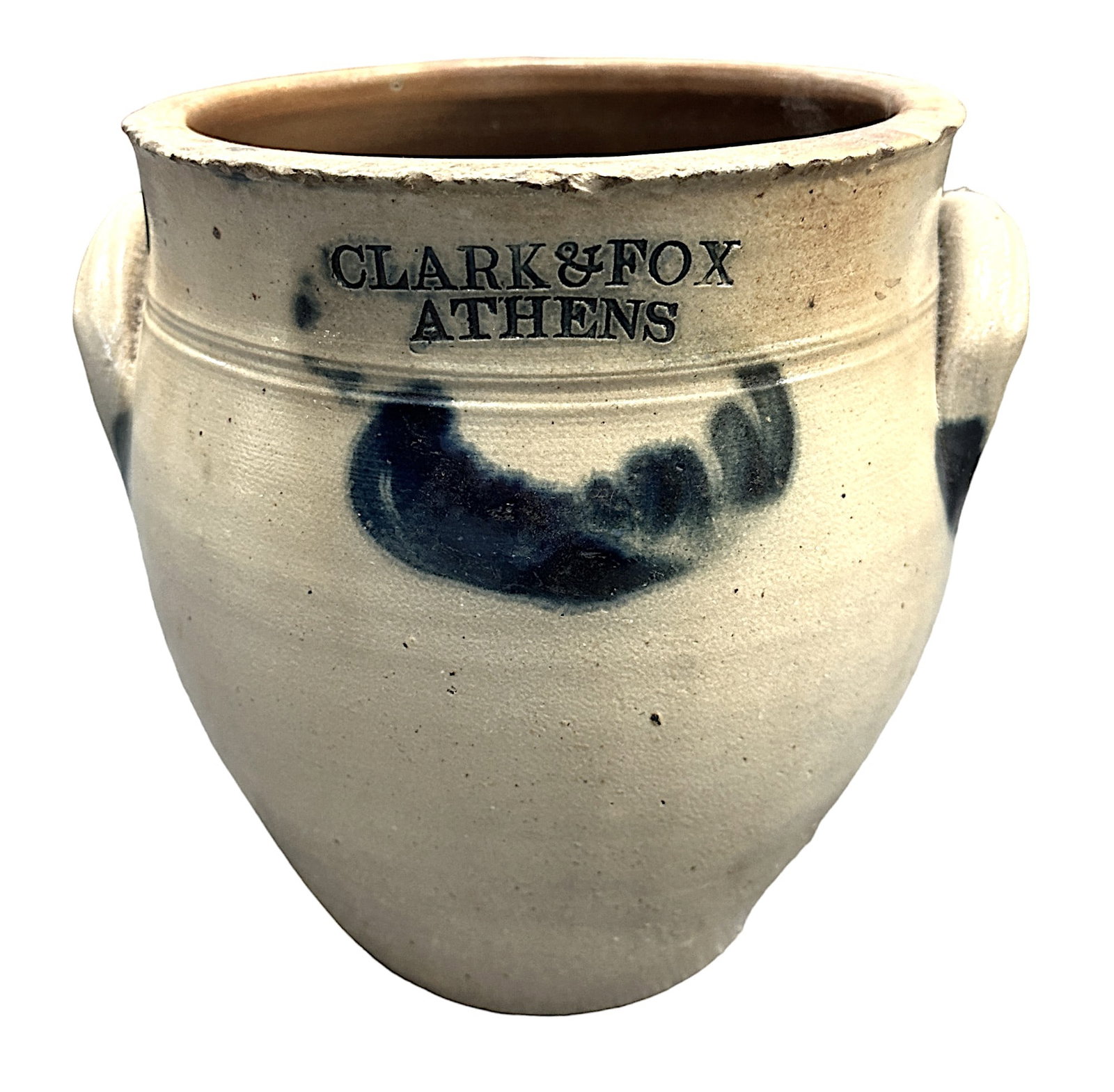 ANTIQUE CLARK & FOX ATHENS NY CROCK: An early Clark & Fox Athens, NY ovoid crock with blue decoration. 8"X8"X9". Weight 5 lbs