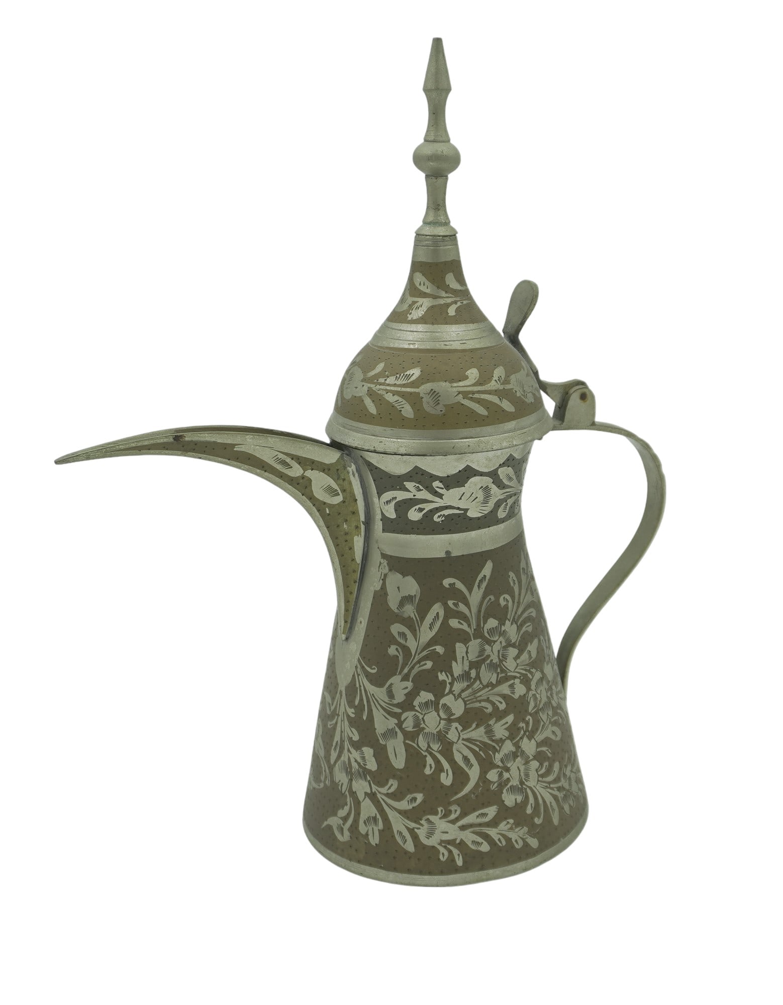 ARABIC ISLAMIC DALLAH F.E. & SONS: Vintage Arabic Islamic Brass Dallah by F.E. & Sons. Etched Silver Florals. Measures 8"x4"x11". Weight 1 lb 10 oz.