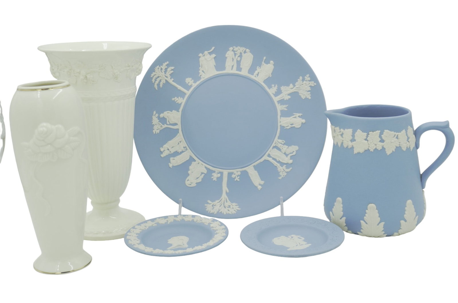 LARGE LOT POTTERY, PORCELAIN, AND CHINA - 6 PIECES: 6 pieces vintage pottery, porcelain, and china. This lot includes 1) Lenox Rose Blossom Vase with 24k gold trim. Measures 7.75" tall. Stamped on bottom and comes with signed certificate. 2) Wedgwood Q