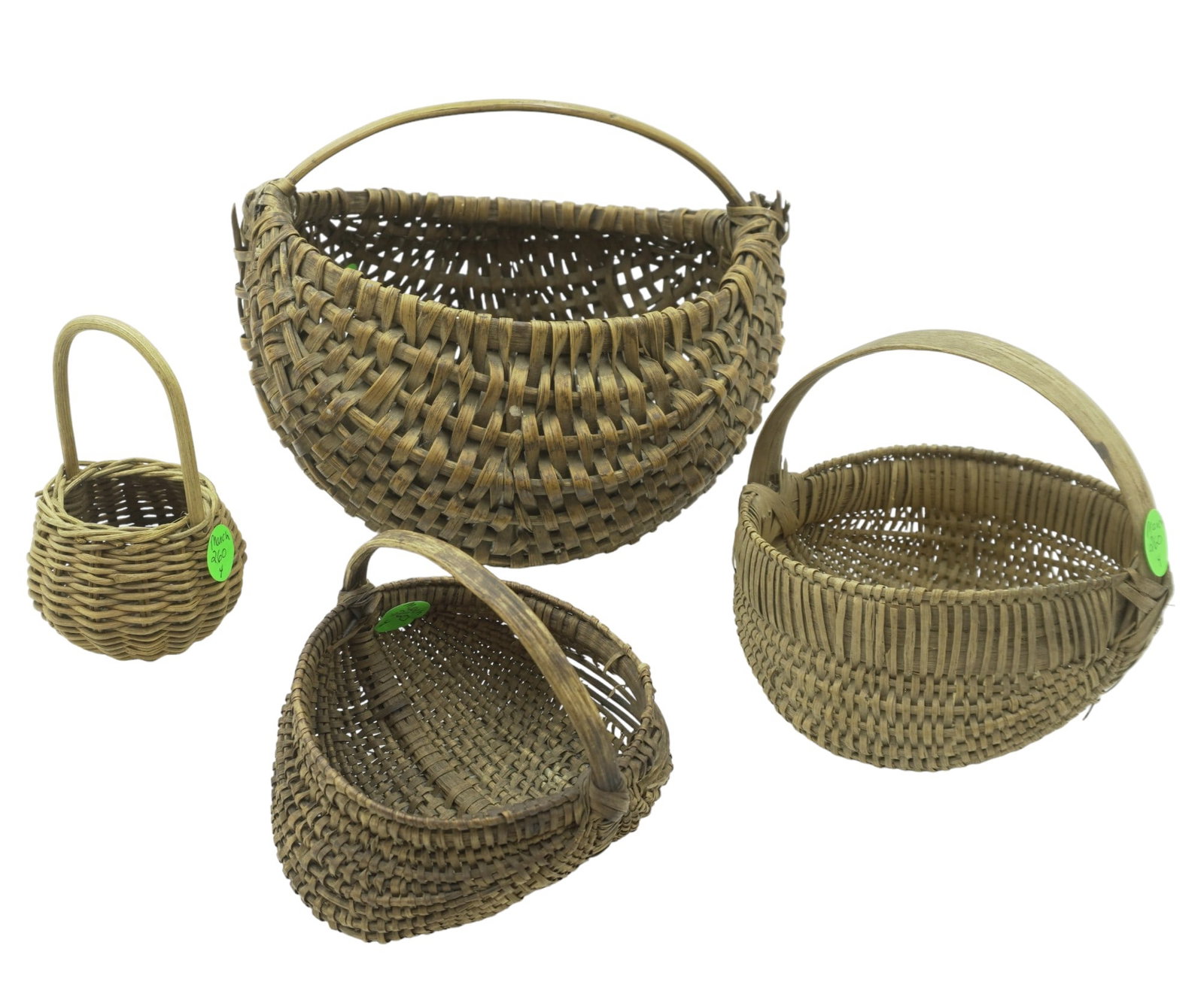 5 ANTIQUE AMERICAN SPLINT + WILLOW BASKETS: 5 Antique American Splint Baskets from Maine. 3 Miniature, 2 splint, one with minor loss, 5" and 1 Willow 3". Splint with Wood Handle, minor loss to bottom 9"x7.5". Weight on all 13 oz PROVENANCE: A P