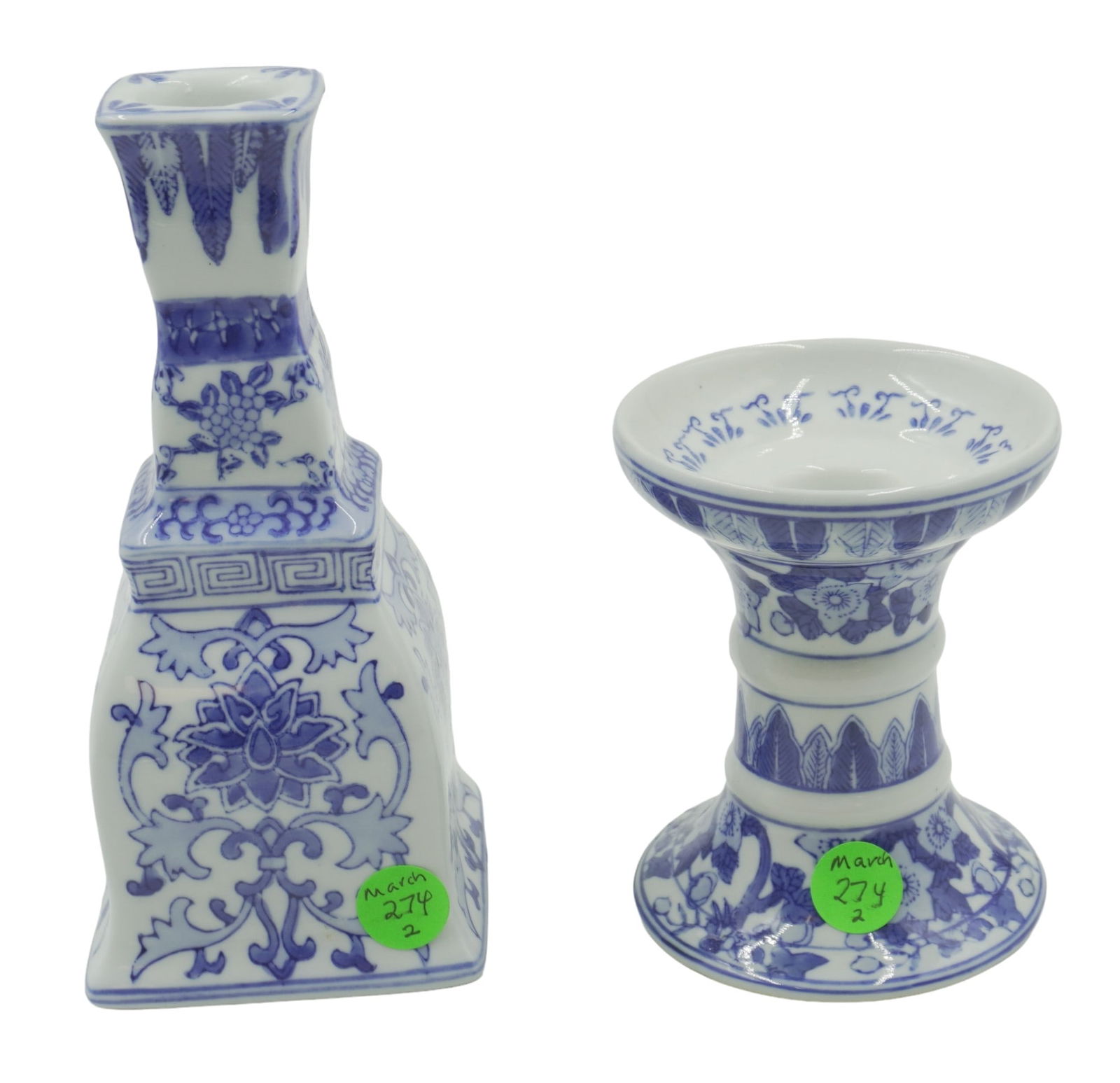 2 BLUE & WHITE VINTAGE CANDLESTICKS: 2 Vintage Andrea by Sadek Blue & White Candlesticks 7.35" and 4.5". Weight 1 lb 2 oz