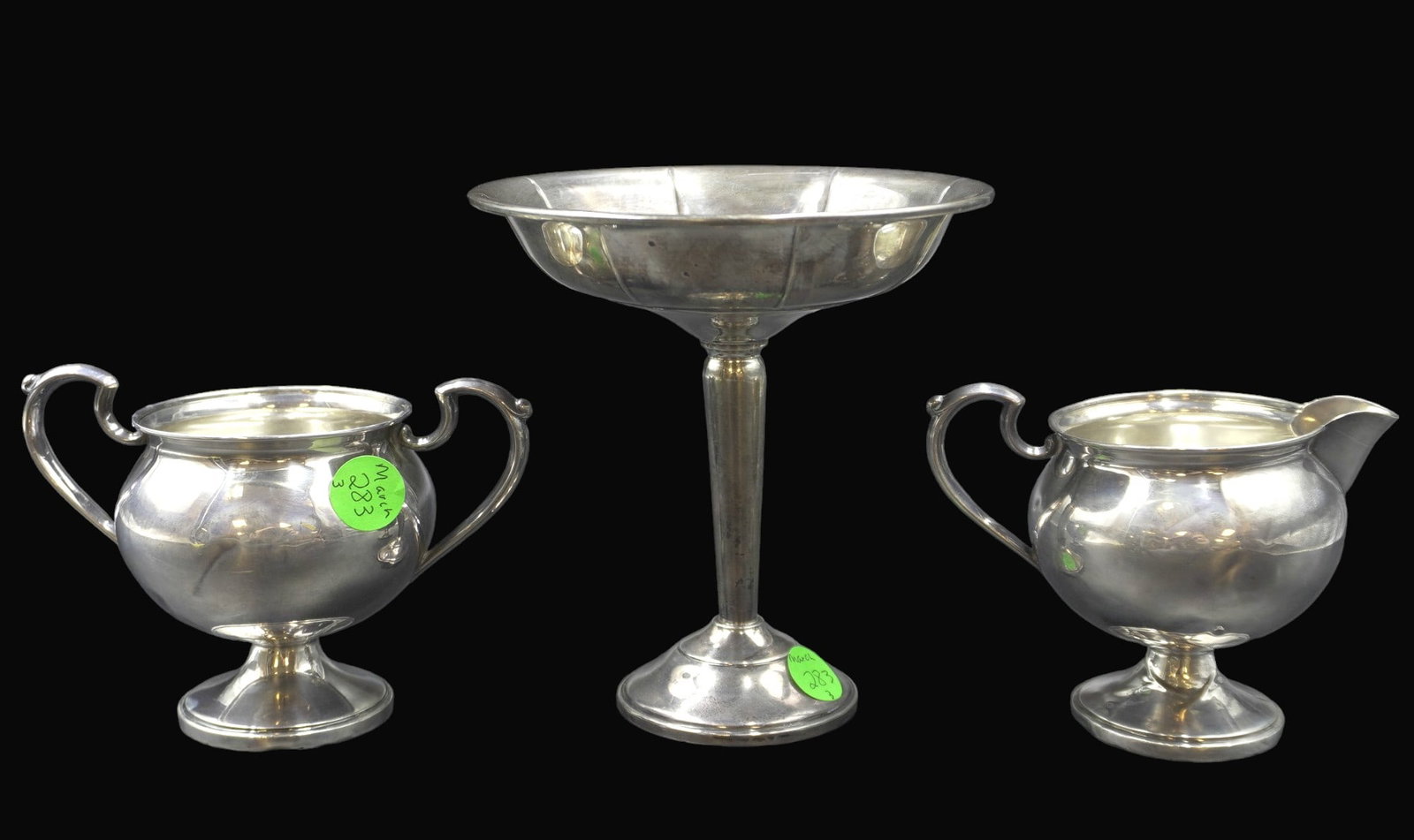 3 pc STERLING SILVER COMPOTE, CREAM & SUGAR: 3 Piece Sterling Silver Weighted Compote, Cream & Sugar. Mid Century Backes Compote 5.5"x5.5"x6". 1940s Cream & Sugar by M. Fred Hirsch & Co. 4.5"x3.5". Combined Weight 13.7 oz.