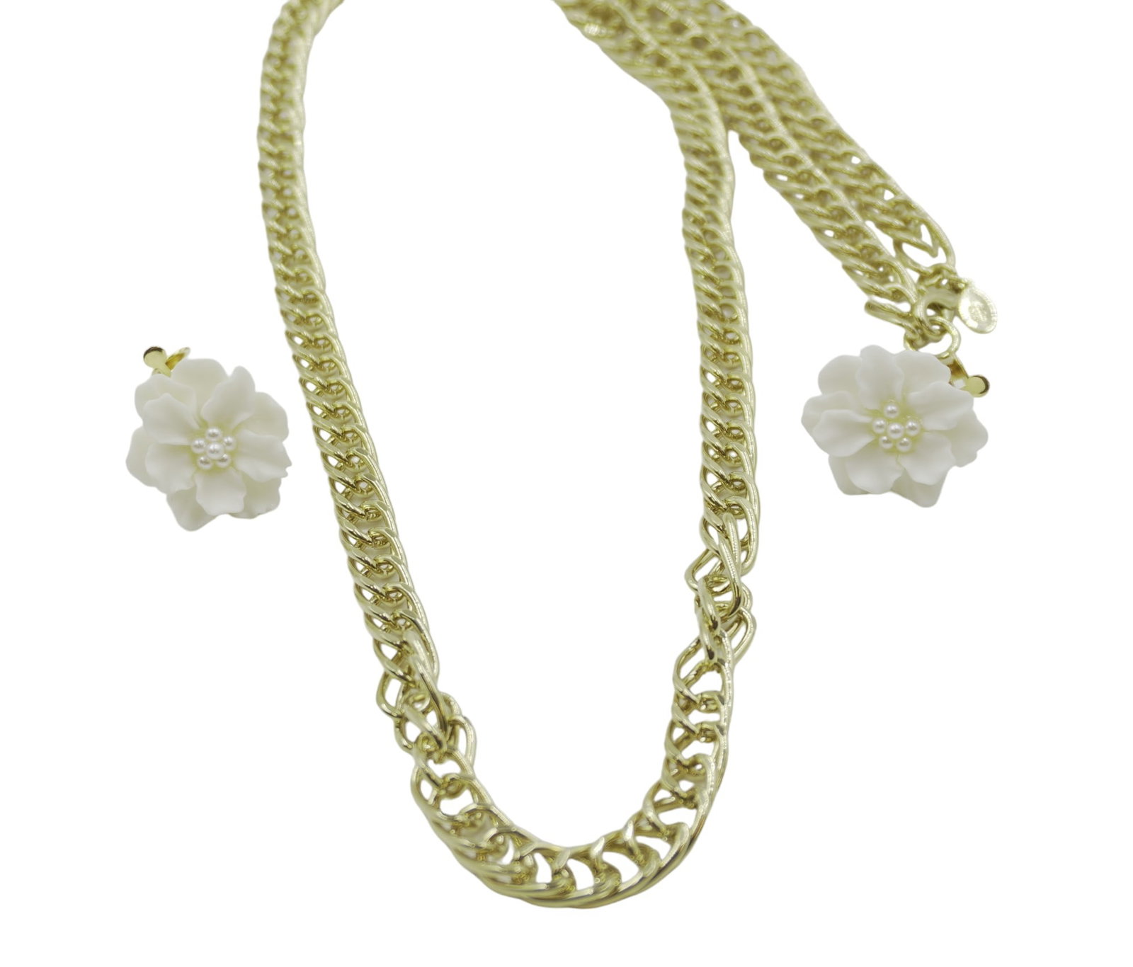 VINTAGE KENNETH JAY LANE GOLD CHAIN NECKLACE AND WHITE PEONY EARRINGS: Vintage Kenneth Jay Lane gold chain neclace with lobster clasp and signed charm and white peony earrings that can be pierced or clasped. Chain is about 14.5" long. Total lot weight is 2.9 oz.