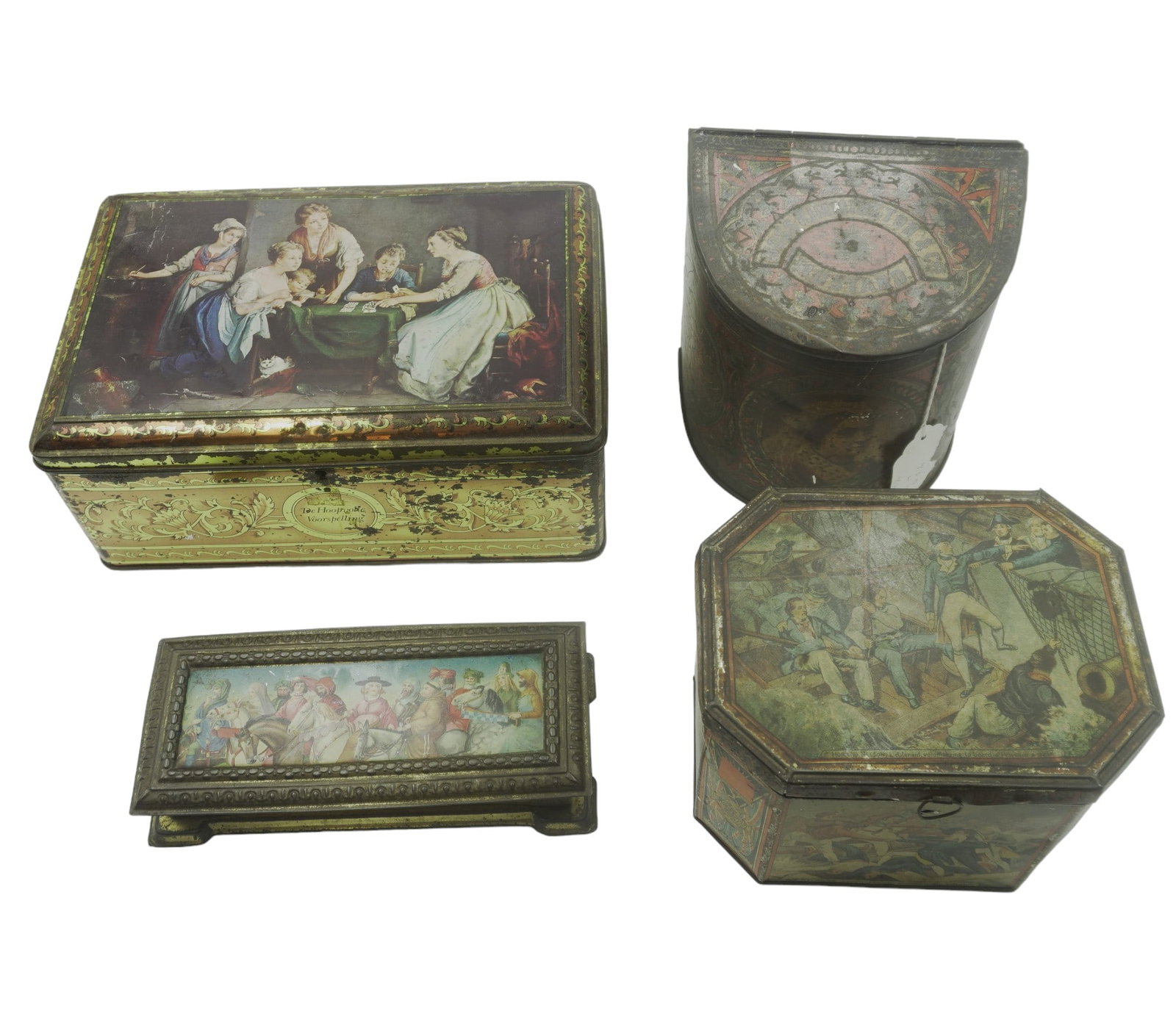 4 ANTIQUE COLLECTIBLE TIN LITHO BOXES: 1- English Cadbury Three British Queens c. 1910 9"x4"x1.75". 2- Large Antique Biscuit Tin De Hoopvolle Voorspelling 12"x8"x5.5". 3- English Moss Rimmi ngton & Co. Mustard Tin 7"x5.25"x7.25". 4- Englis