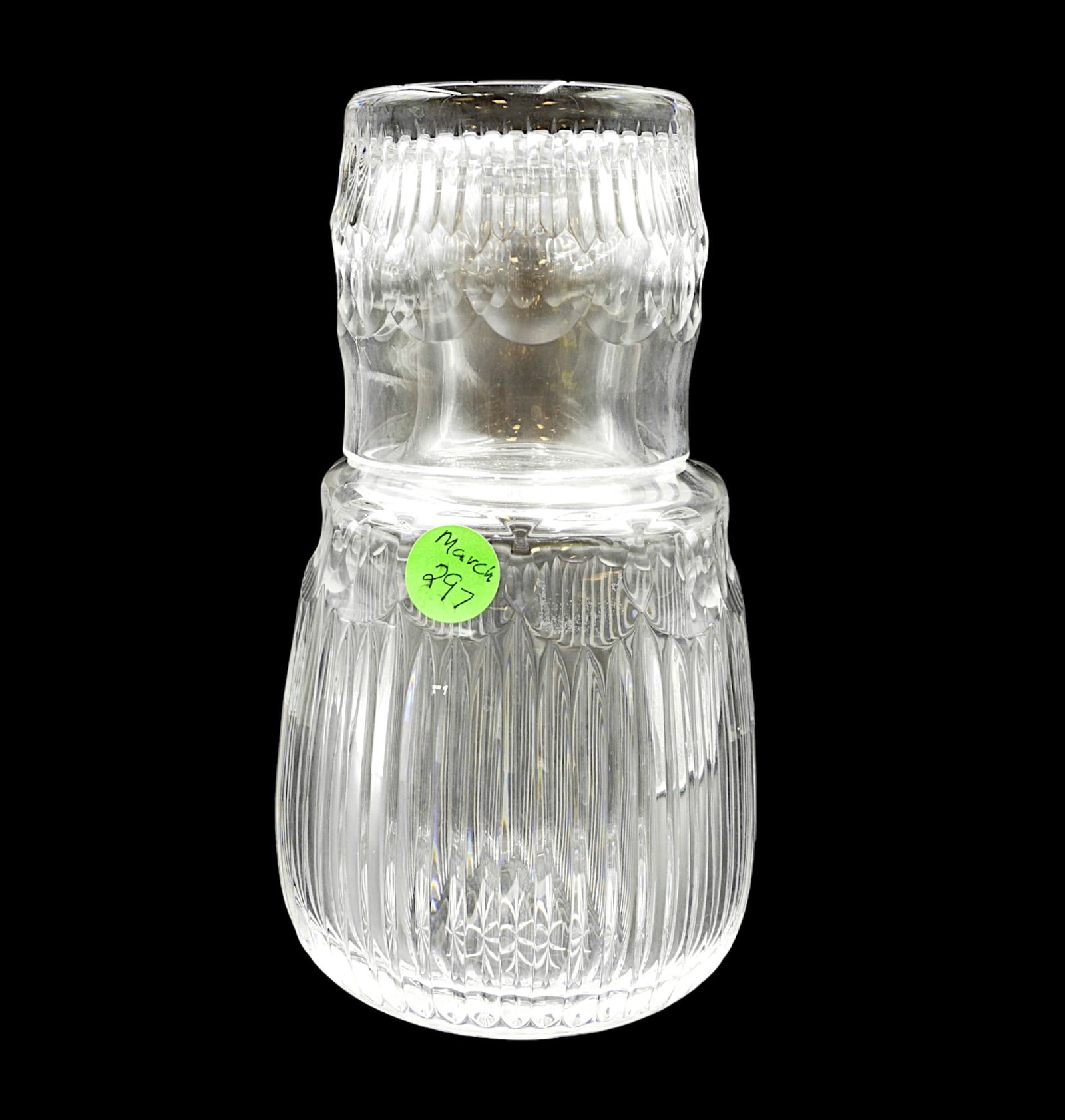VINTAGE CUT CRYSTAL TUMBLE UP: Vintage Cut Crystal Tumble up. Decanter & Cup. 4"x4"x7.5". Weight 2 lbs 9 oz.
