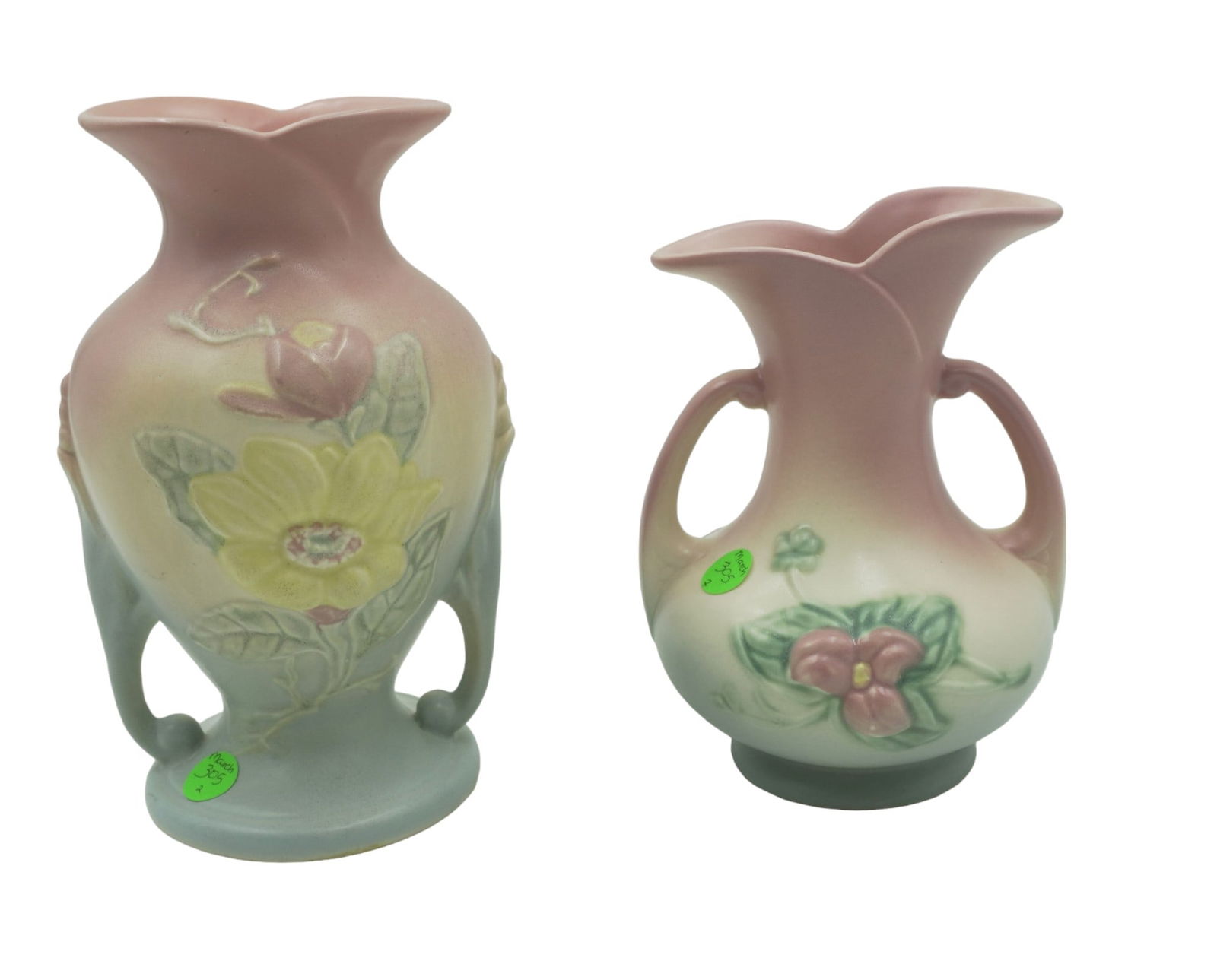 2 PC HULL POTTERY WILD FLOWER VASES: 2 Vintage 1940s Hull Pottery Vases. 8.5" Magnolia Vase 2-8 1/2. Wildflower Vase W-8 7 1/2". Weight combined 3 lbs 10 oz