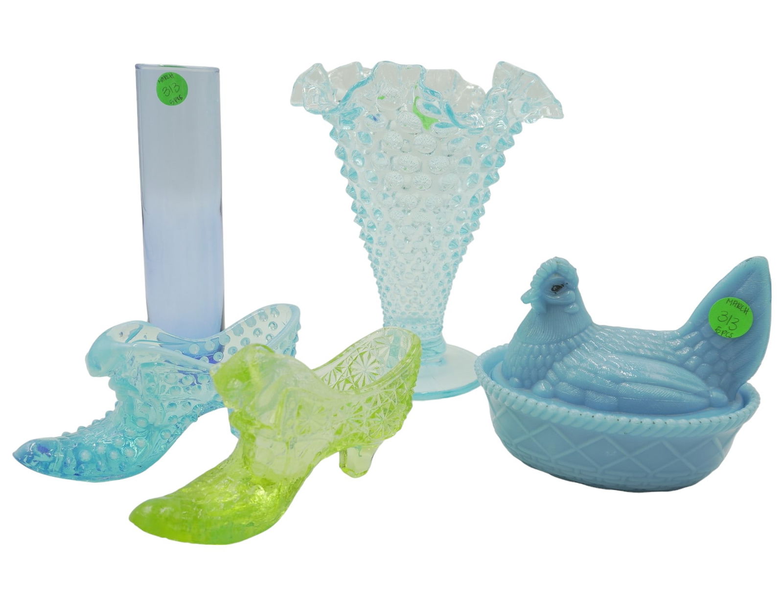 LOT BLUE AND TOPAZ GLASS - 5 PIECES: 5 pieces of Blue and Topaz glass. This lot includes 1) Westmoreland blue milk glass hen on nest 2) Fenton blue hobnail glass slipper shoe 3) Fenton topaz yellow vaseline cat in boot shoe 4) Libbey cob