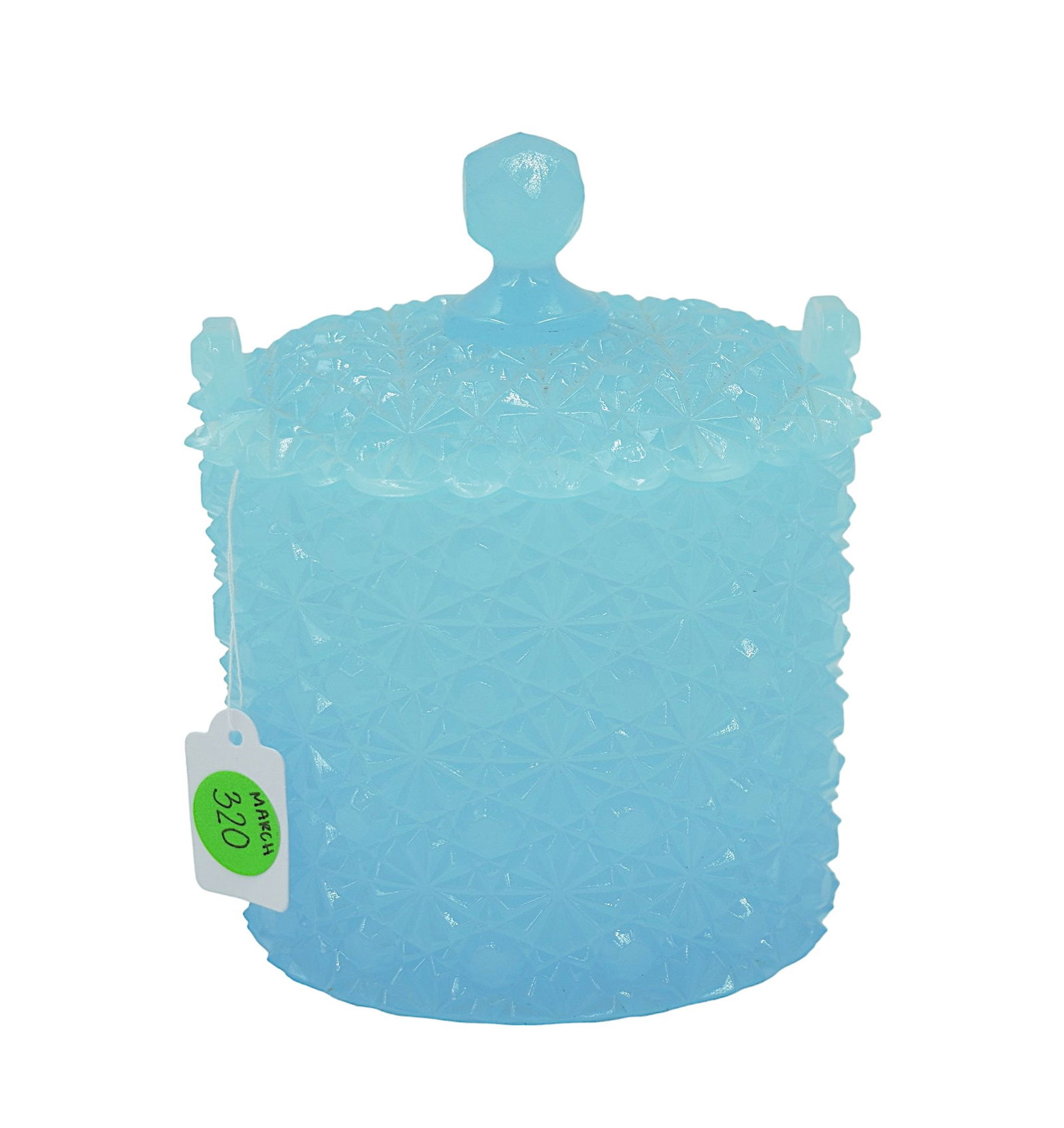 VINTAGE FENTON DAISY & BUTTON PATTERN GLASS JAR: Vintage Fenton daisy and button pattern glass dish in beautiful aqua blue shade. Measures about 6" tall, 4.5" wide, 4.5" deep. Weight is 1 lb 11 oz.