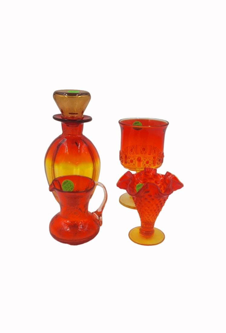4 PIECES AMBERINA GLASS: 4 pieces of Amberina glass. This lot includes 1) LG Wright daisy and cube amberina goblet 2) Fenton amberina hobnail mini ruffle vase 3) Minature handblown Amberina crackle glass pitcher 4) Handblown