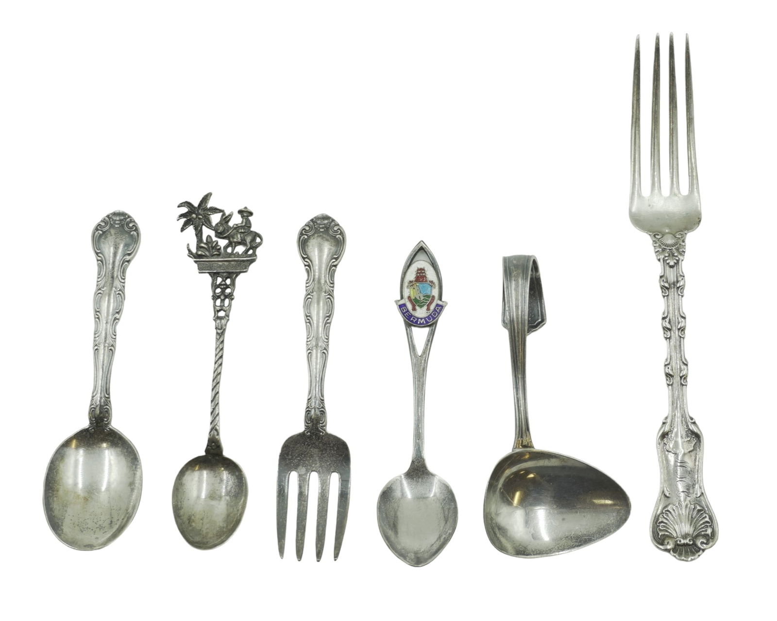 6 pc STERLING SILVER SPOONS + FORKS: 6 Piece Antique & Vintage Sterling Silver Spoons & Forks. 2 Souvenier Spoons 4.25". 2 Childrens Fork & Spoon 4". Webster Medicine Spoon 3.25". Imperial Queen 1893 Sterling Fork 6". Approximate silver