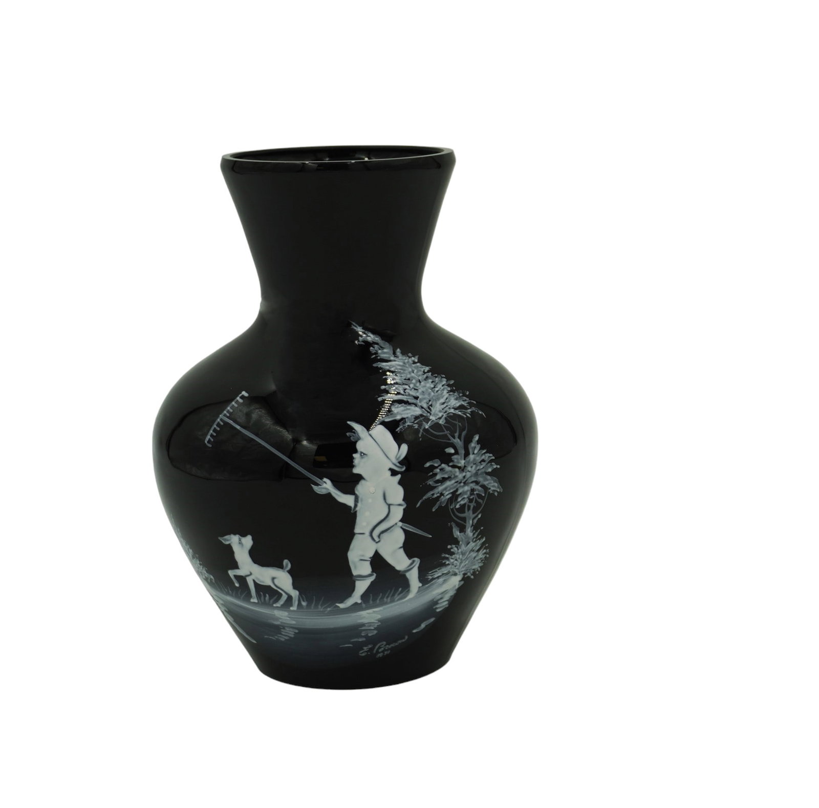 VINTAGE WESTMORELAND MARY GREGORY VASE: Vintage Westmoreland Black Glass Mary Gregory decorative bulbous vase, signed by artist and stamped on bottom. Comes with original tag. Measures about 7.5" tall and 4.7" wide with a 3" diameter footpr