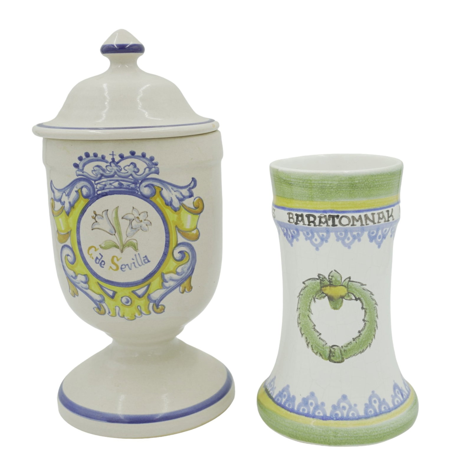 VINTAGE SPANISH AND HUNGARIAN POTTERY PIECES - 2: 2 pieces of vintage pottery. This lot includes 1) Catedral De Sevilla Spanish lidded jar. Signed on bottom. 2) Vintage Hungarian pottery pitcher by Iparmuveszeti Vallalat. Total lot weight is 3 lbs 5 