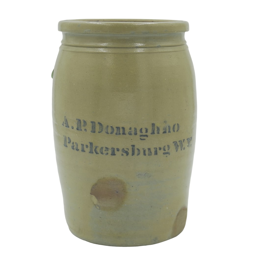 A. P. DONAGHHO / PARKERSBURG, W. VA STONEWARE JUG: Antique American A.P. Donaghho Parkersburg, West Virginia Stoneware Jar. Measures 6.25"x6.25"x10". Weight 5 lbs 2 oz. PROVENANCE: A Private Collection of a New England Noted Americana Collector and De