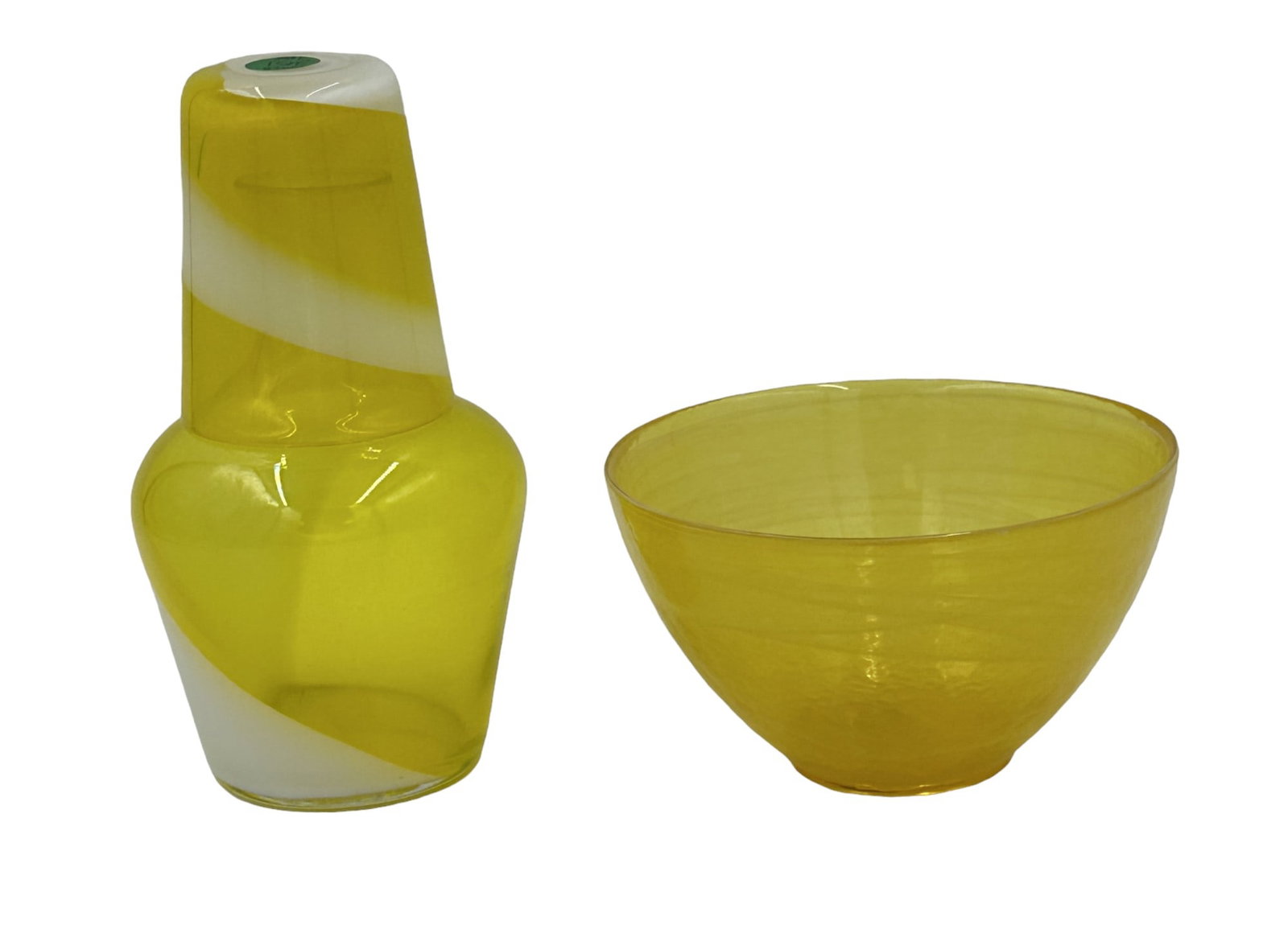 LEMON YELLOW AND WHITE GLASS TUMBLE UP AND ART BOWL: Vintage Lemon Yellow and White Glass Tumble Up with Yellow and White Swirls Art Glass Bowl. Tumble Up measures about 7.75" tall and bowl is 6" in diameter and 3.5" tall. Total lot weight is 1 lb 13 oz