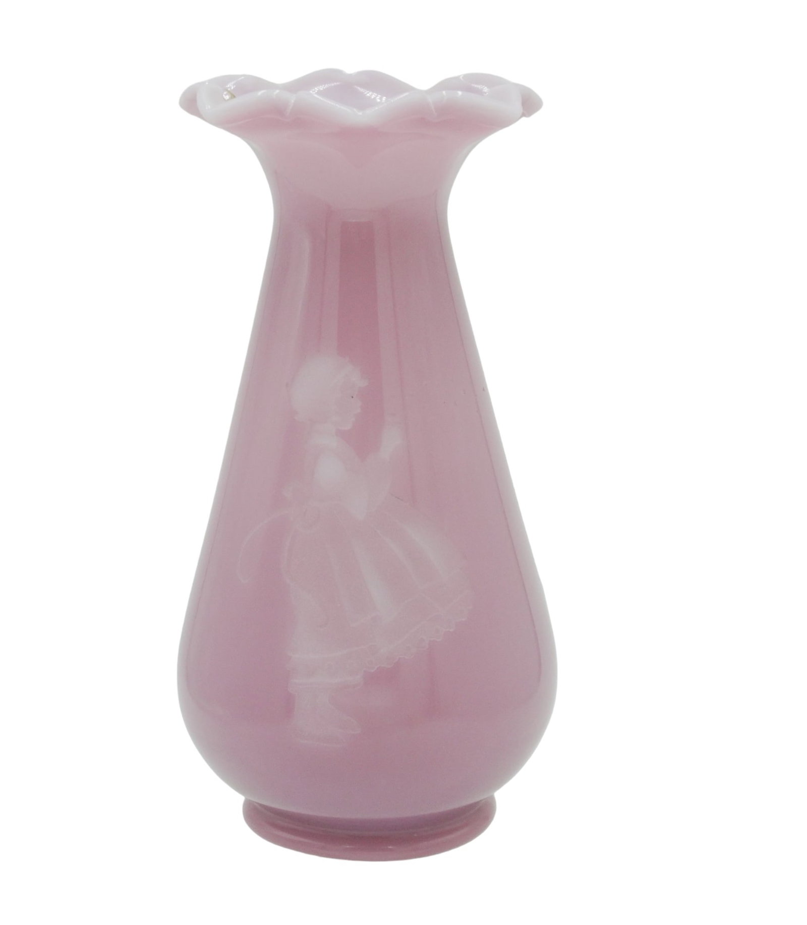 FENTON ART GLASS ROSE QUARTZ MARY GREGORY: Vintage Fenton Art Glass Limited Edition Rose Quartz Vase.#860 of an edition of 1500. 3.5"x3.5"x7.25". Weight 1 lb 3 oz. PROVENANCE: The estate of a Charleston SC Fenton Dealer and noted Glass Collect
