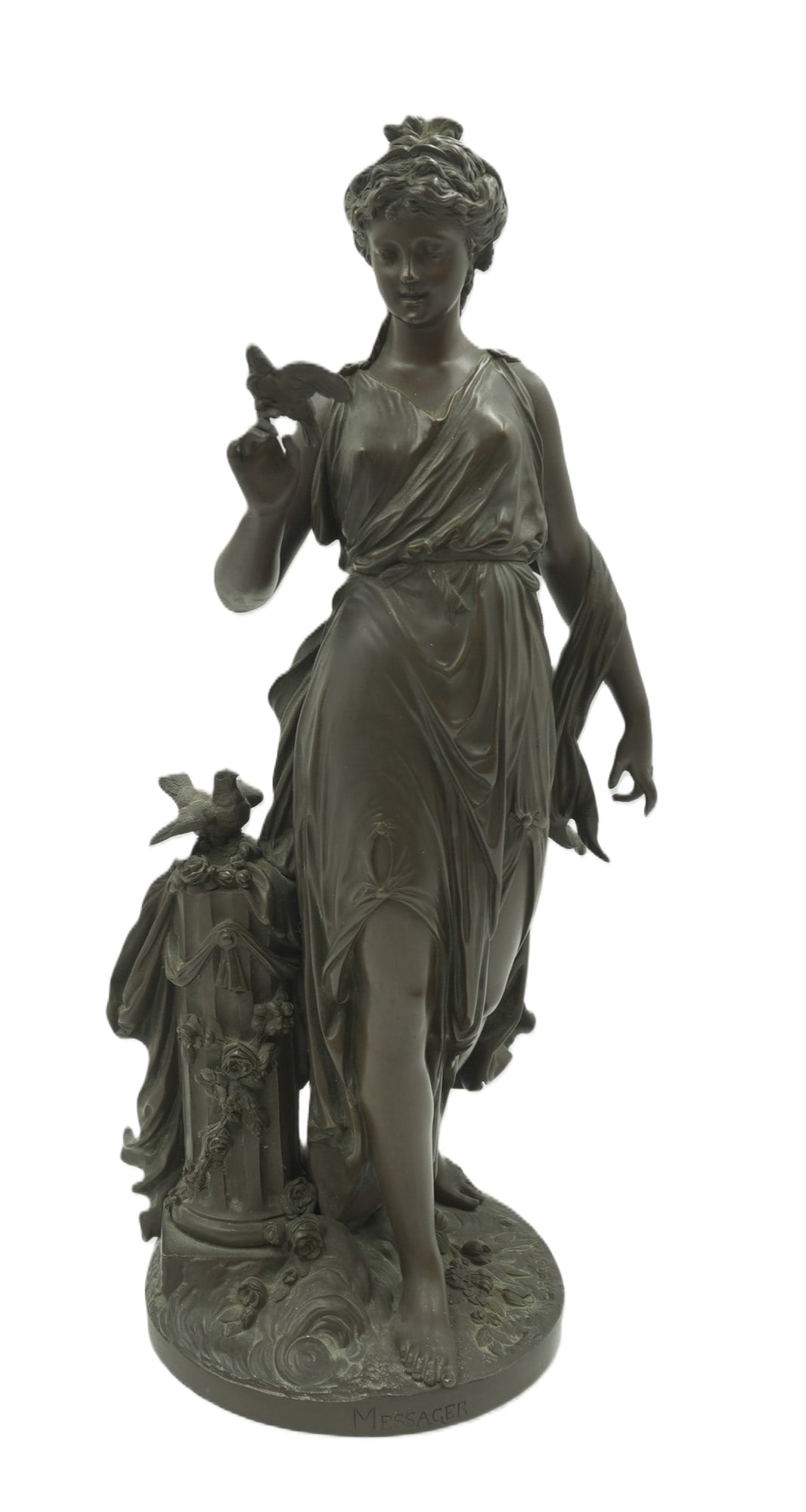 JEAN- LOUIS GREGOIRE (1840-1890) BRONZE WOMAN WITH BIRD: Jean-Louis Gregoire (French, 1840-1890) Bronze Sculpture 19th c., Woman with Bird "Messager" french for messenger. . Measures 6.5"x6.5"x18". 25 lbs. Jean-Louis Gregoire was a Parisian sculptor working