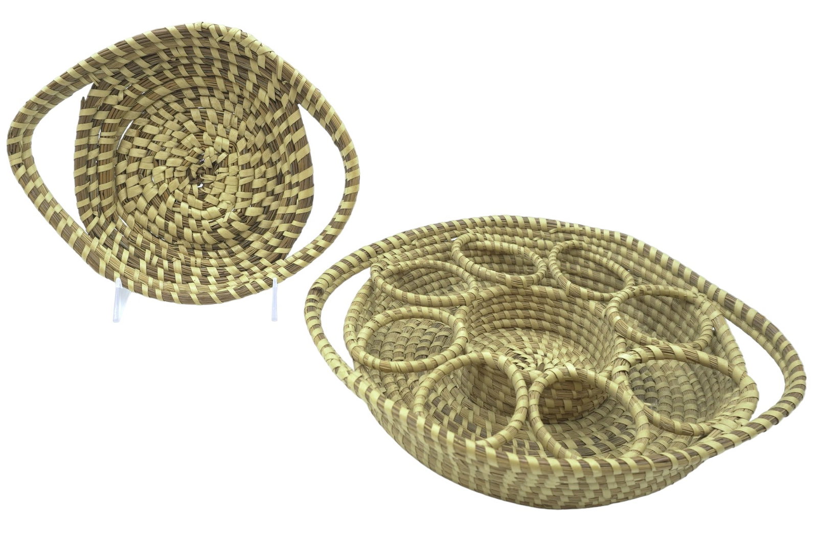 CHARLESTON SWEETGRASS BASKET & CADDY: Sweetgrass 8 drink Caddy 13"x11.25". Small Tray Basket 10.75"x8.5". Weight combined 1 lb