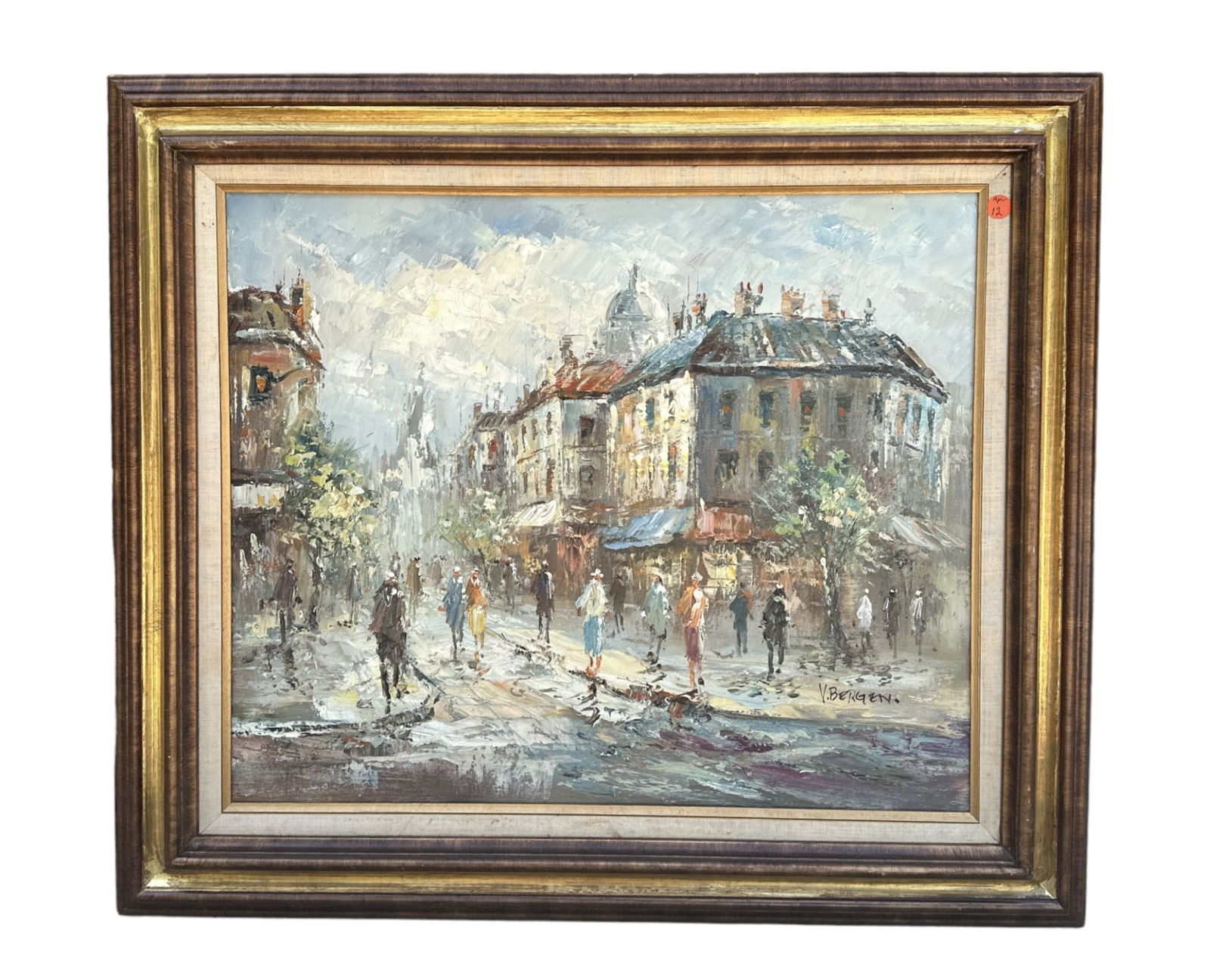 MCM PARIS STREET SCENE V. BERGEN OIL ON CANVAS: MCM Oil on Canvas Paris Street Scene signed V. Bergen In wood and gilt frame with linen liner. Measures 31"x278"x2". Weight 7 lbs 7 oz.