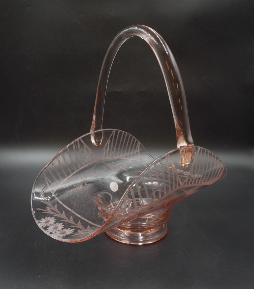 LARGE ART DECO PINK ETCHED GLASS BRIDES BASKET: Large Art Deco / Depression Pink Etched Glass Brides Basket. Etched Daisies. Measures 14"x8"x13.75". Weight 4 lbs 3 oz.