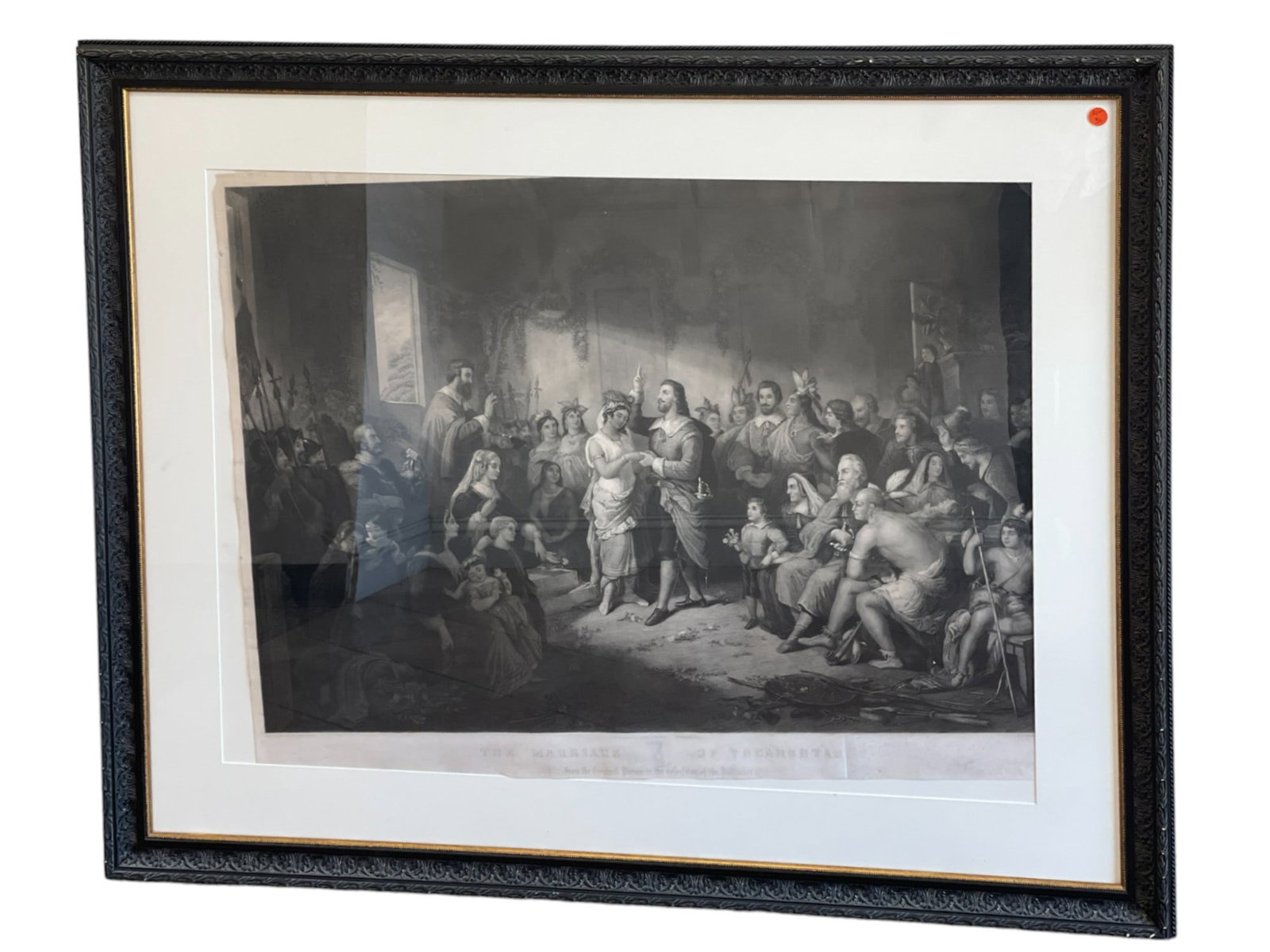 THE MARRIAGE OF POCAHONTAS ENGRAVING 1855: Large Framed Engraving The Marriage of Pocahontas, 1855 After Henry Brueckner. Engraved by John C. McRae (active 1845-1870). In frame 46"x38"x1.5". Weight 20 lbs.