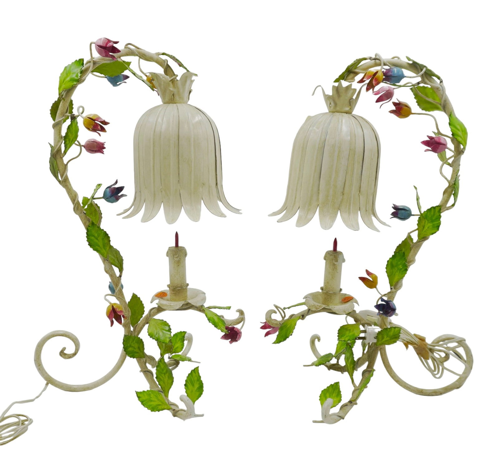 PAIR OF VINTAGE ITALIAN TOLE FLOWER TABLE LAMPS: Fantastic Pair of 1950/60's Italian, Mid Century, Toleware White & Polychrome Floral Table Lamps. Each with a bellflower petaled shade suspended from a blossoming leafy vine entwined curved tubular st