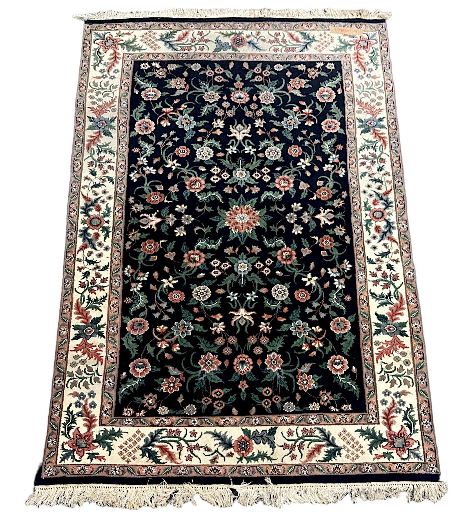 VINTAGE HAND KNOTTED PERSIAN FLORAL RUG: Vintage wool hand knotted navy floral rug. Measures 6 FT x 9 FT. Purchased at Southeastern Galleries. Weight approx 30 lbs.