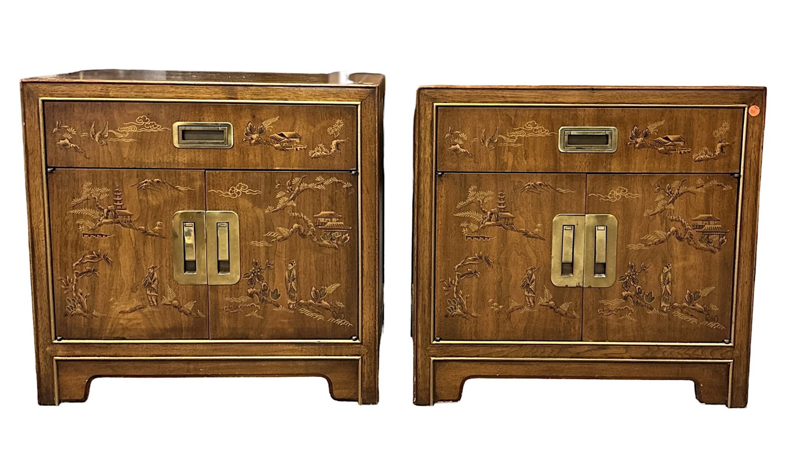 2 DREXEL HERITAGE DYNASTY CHINOISERIE CAMPAIGN NIGHTSTAND: Pair of Drexel Heritage "Dynasty" Collection stunning mid century Hollywood Regency Chinoiserie Campaign style nightstands c.1970. Measures 25"x17"x24".
