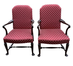 PAIR 19th c ENGLISH QUEEN ANNE ARM CHAIRS