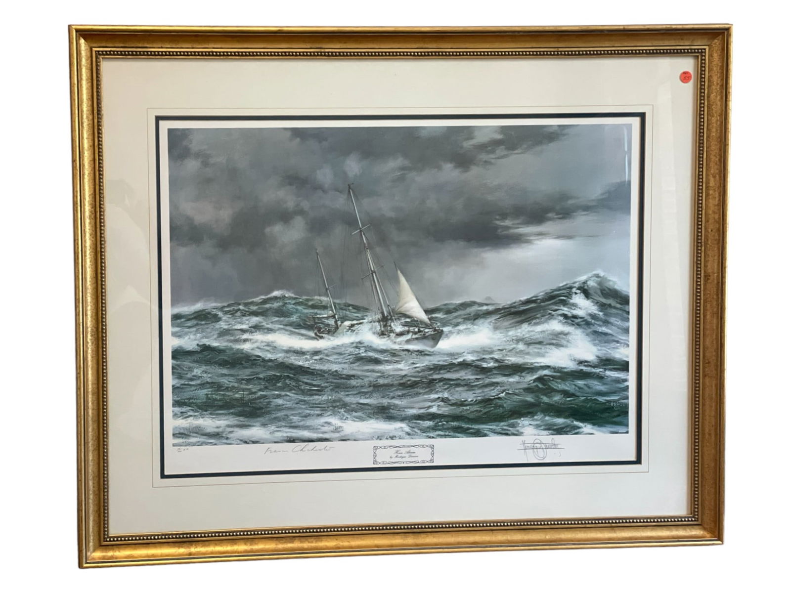 MARITIME MONTAGUE DAWSON HORN ABEAM SIGNED LITHO: Montague Dawson (1890-1973), Horn Abeam, Chichester's Yacht Pencil Signed Maritime Lithograph. Professionally framed and matted. In frame 42"x33.5"x1.25. Weight 16 lbs. ?Horn Abeam? is a captivating m