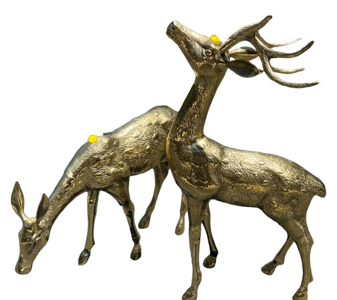PAIR OF LARGE MID-CENTURY MODERN BRASS DEER SCULPTURES: Fantastic Pair of MCM Hollywood Regency Style Large Brass Stag and Doe. Doe Measures 13" x 19" x 5", Stag Measures 21 1/2" x 13" x 7". Total Weight 15 lbs.