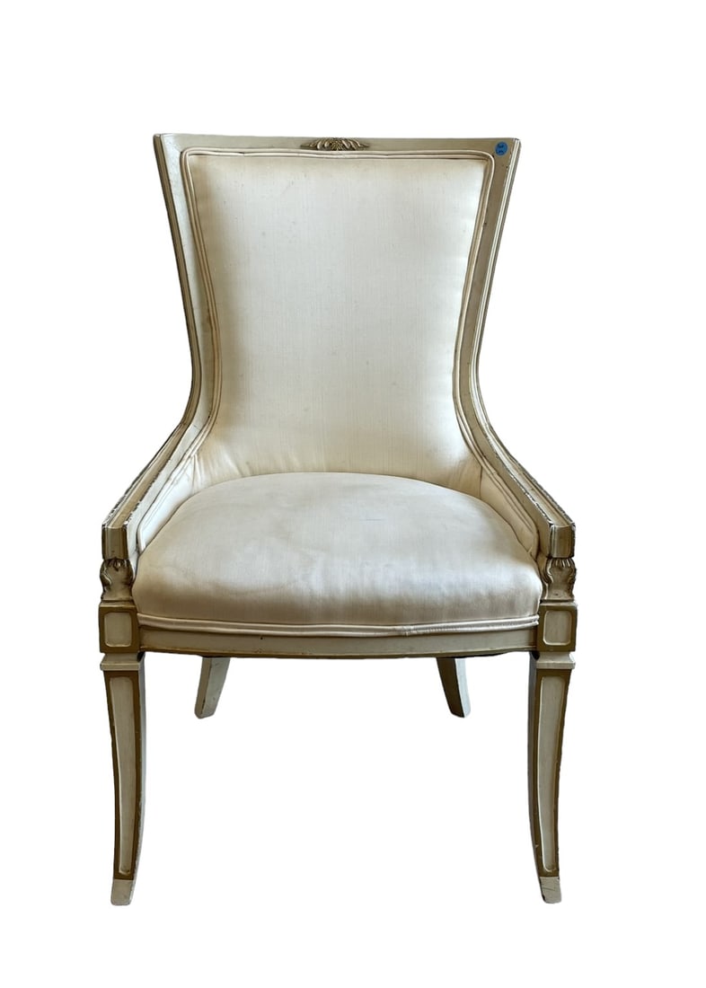 ANTIQUE PAINT DECORATED SILK UPHOLSTERY CHAIR: Antique Elegant Silk Upholstered Paint Decorated Chair. H: 36" L: 21" W: 21"