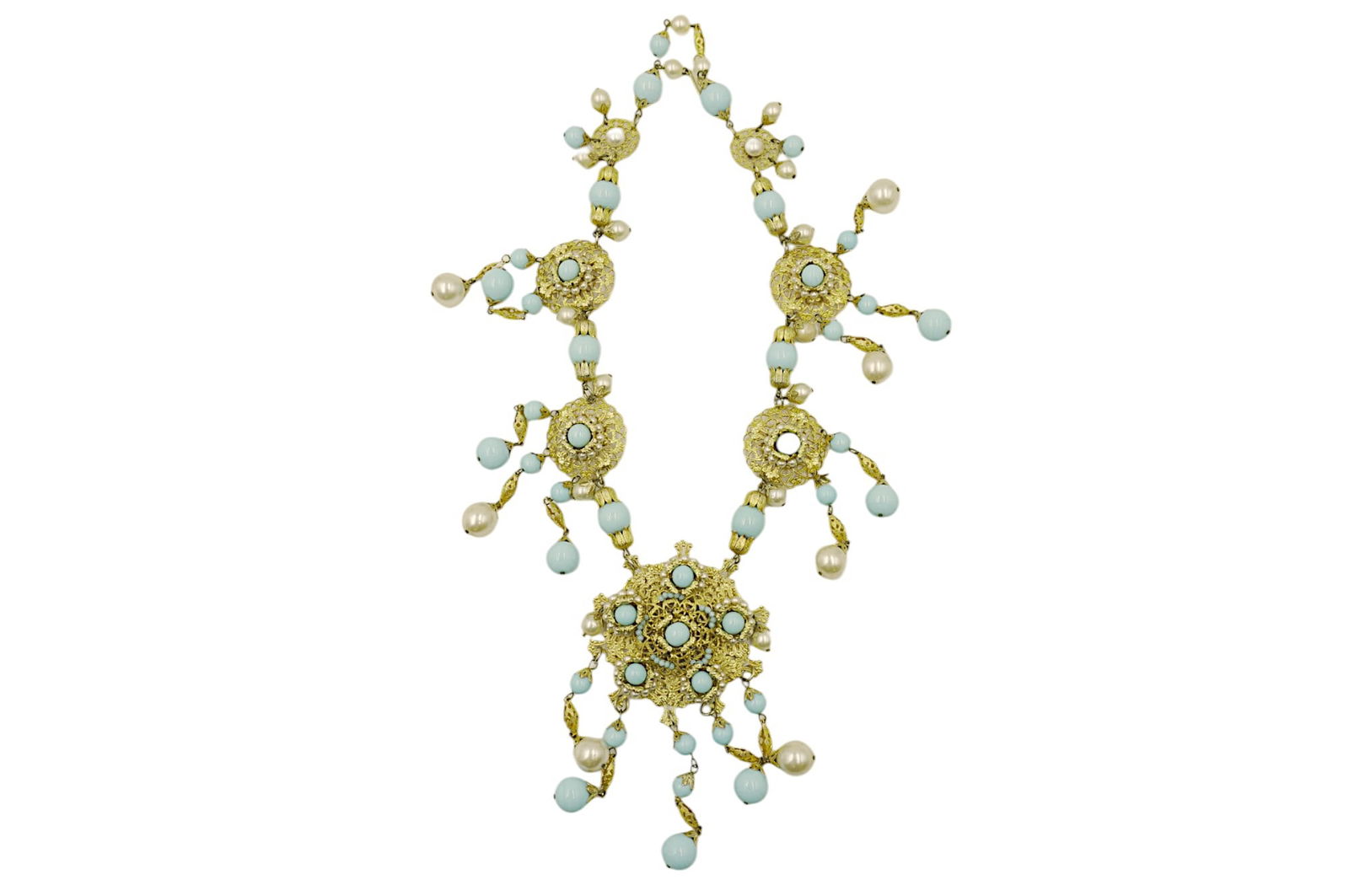 LARGE VINTAGE RUNWAY COSTUME NECKLACE: Large Stunning Vintage 1960-70s Costume Necklace with Robins Egg Blue Glass Beads and Pearls set in Gilt Filigree. Possibly unmarked Miriam Haskell or Lawrence VRBA. Center Pendant 6" including dangle