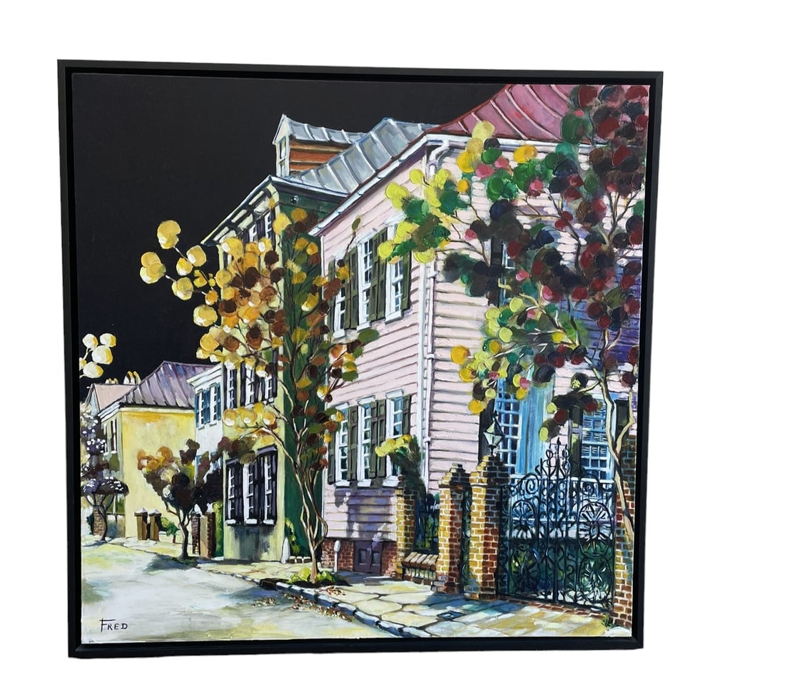 FRED JAMAR TRADD STREET OIL ON CANVAS CHARLESTON: Fred Jamar Oil on Canvas "Tradd Street" Charleston SC. Signed lower left. Gallery Framed. In frame 37.5"x37.5"x2". Weight 14 lbs. Fred Jamar has brought a new infusion of intellect and energy to Charl