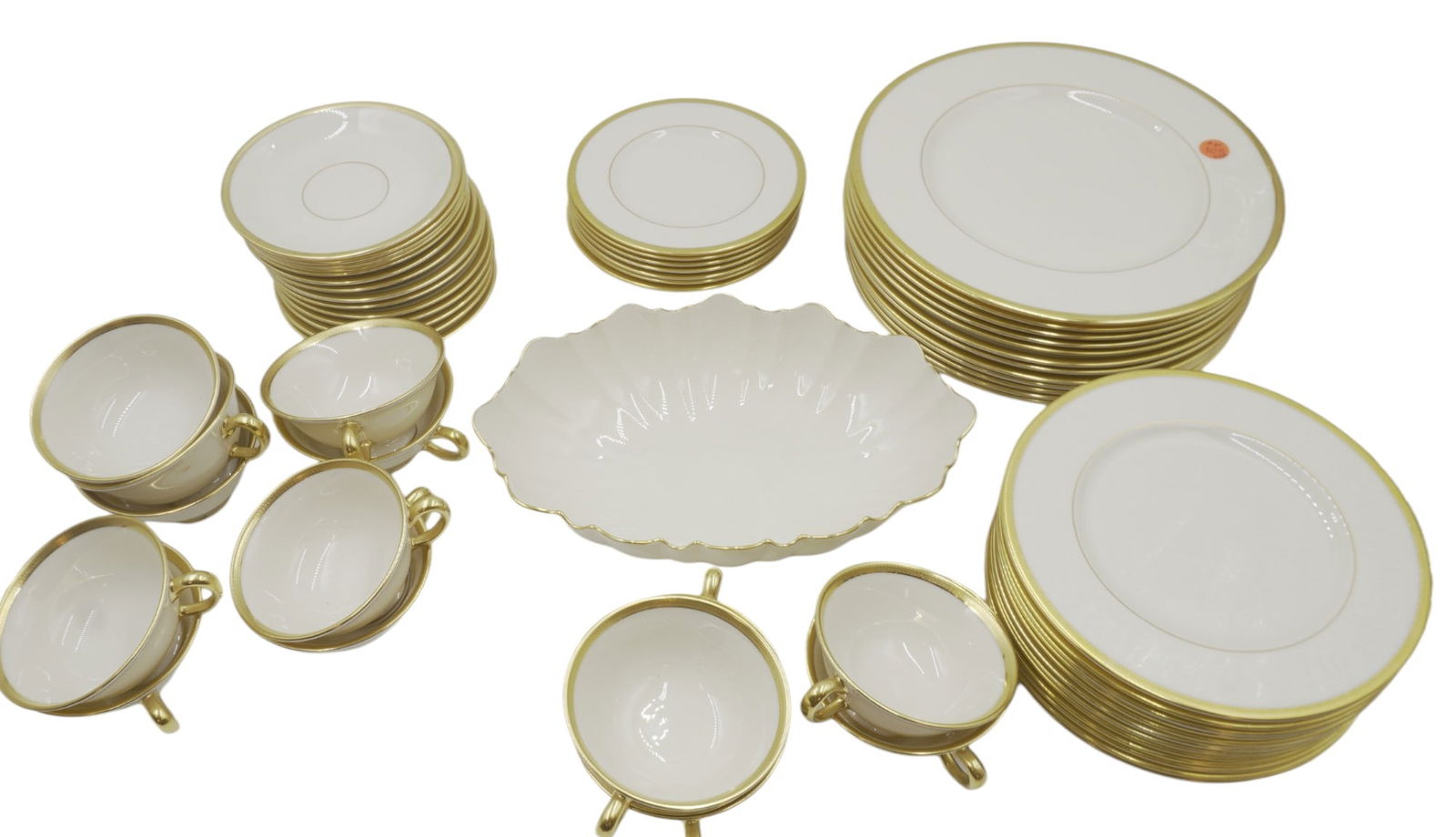 60 PC LENOX TUXEDO SERVICE FOR 12: 60 Piece Lenox Tuxedo Service for 12. Presidential, Gold Encrusted & Gold Backstamp. 12 Dinner Plates 10.5". 12 Salad Plates 8 3/8", 7 Bread and Butter Plates 6 3/8". 14 Saucers 5 5/8" and 14 Cups 2 1