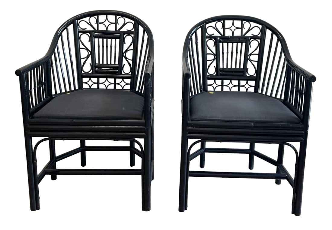 PAIR (2) MCM BRIGHTON PAVILLION BAMBOO CHAIRS: Matched Pair of MCM Palm Beach Brighton Pavillion Chairs in the original black lacquer finish with upholstered seats. Each 21.25"x18"x35".
