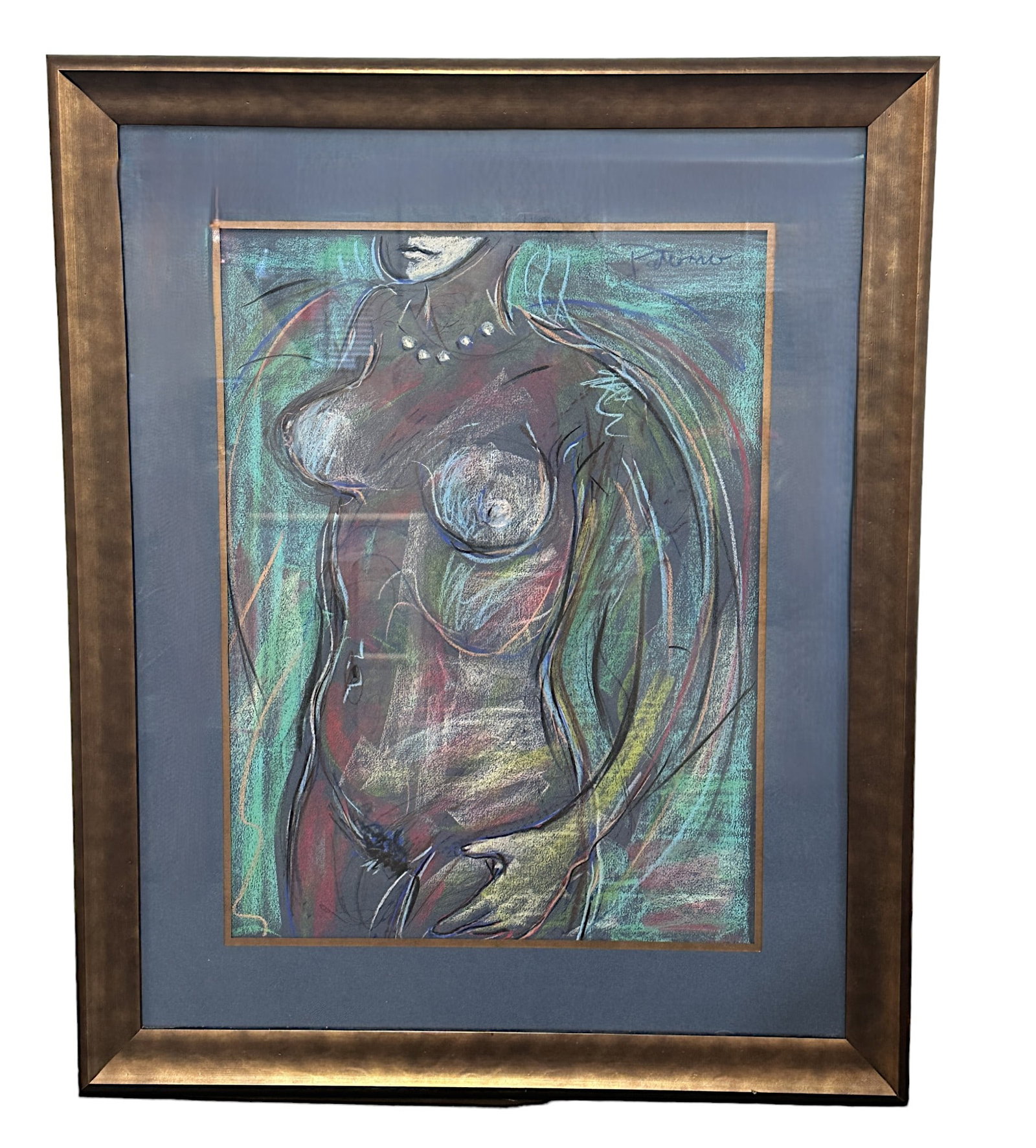 ROBERT PATIERNO ORIGINAL NUDE PASTEL: Robert Patierno Original Pastel Nude. Signed upper right. Professionally framed and double matted. In frame 28"x35"x1.25". Weight 14 lbs. Robert Patierno is an internationally renowned printmaker, dra
