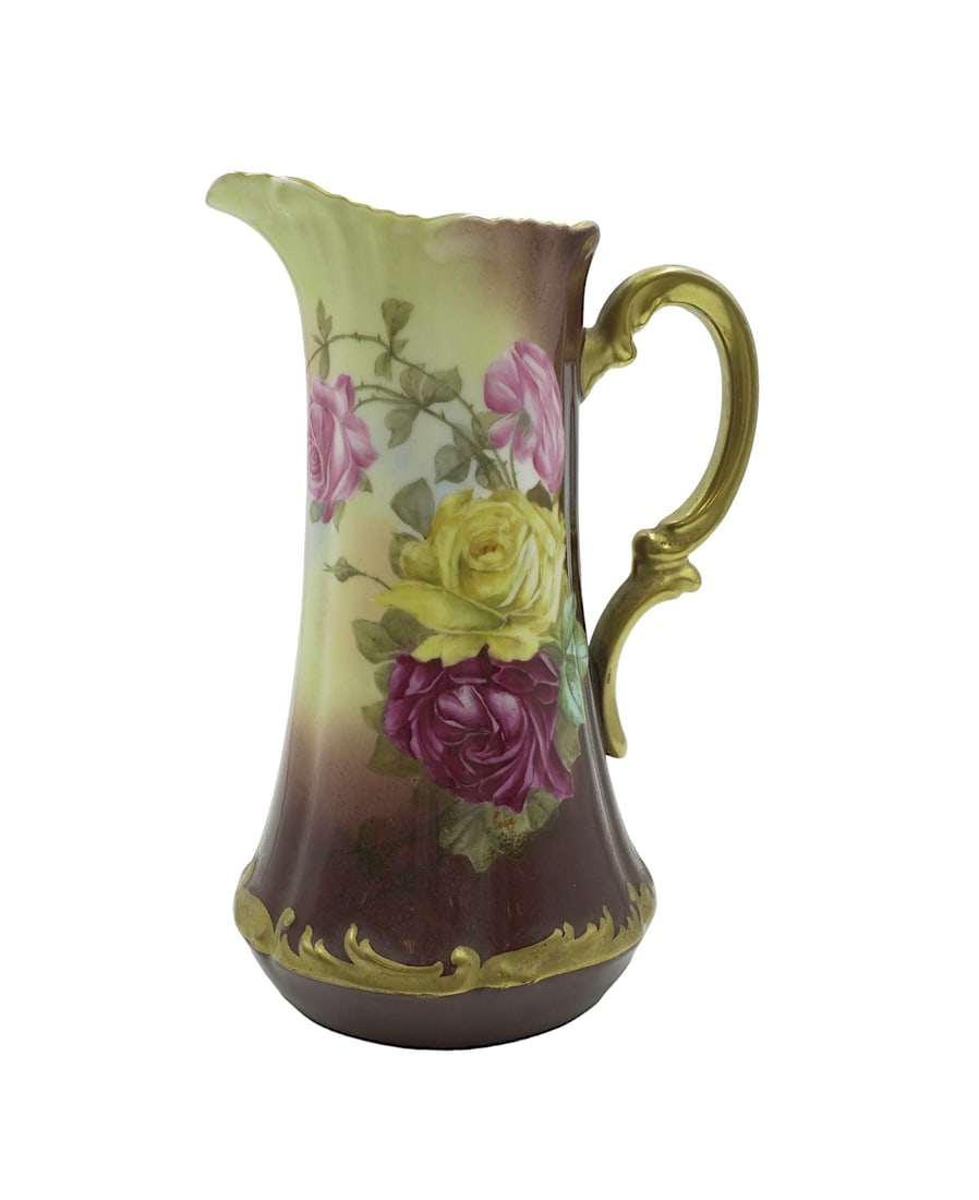 LARGE T & V LIMOGES HAND PAINTED: Large Tressman & Vogt Limoges France Hand Painted Roses Porcelain Pitcher. Measures 8"x6"x11". Weight 2 lbs 11 oz