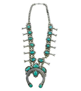 LARGE TURQUOISE STERLING SQUASH BLOSSOM NECKLACE