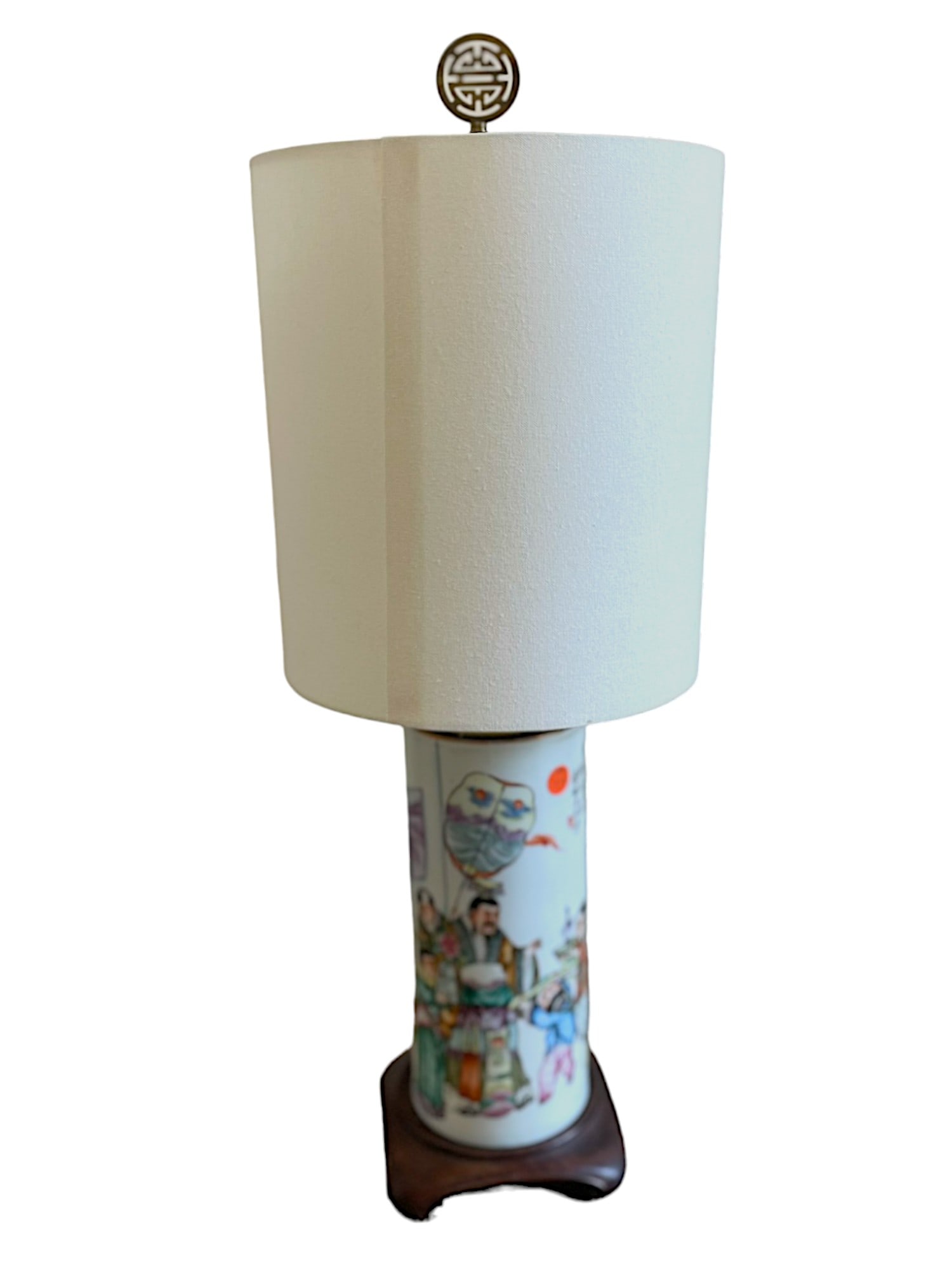 ANTIQUE CHINESE HAND PAINTED PORCELAIN HAT STAND LAMP: Antique Chinese Hand Painted Famille Hat Stand Converted to a lamp and mouthed to carved wood base.. Children and a Scholar, With Calligraphy and a auspicious bat. Measures Just Lamp 17". With Shade a
