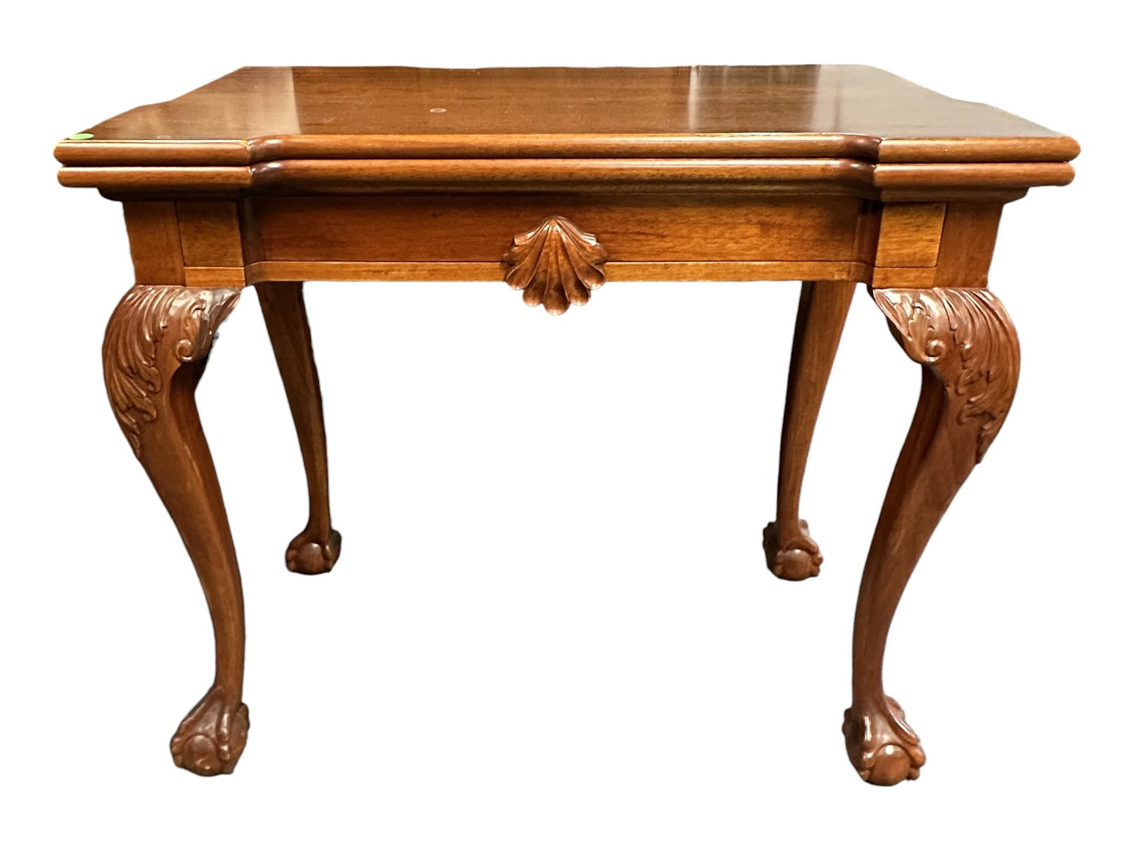 VINTAGE CHIPPENDALE STYLE FLIP TOP CARD TABLE: Vintage Chippendale Style Cherry Flip Top Gate Leg Card Table with one Drawer. Measures 29 1/8" x 34 1/4" x 34 1/4" opened.