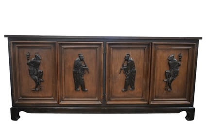 MID CENTURY ASIAN CABINET / BUFFET CARVED MUSICIANS