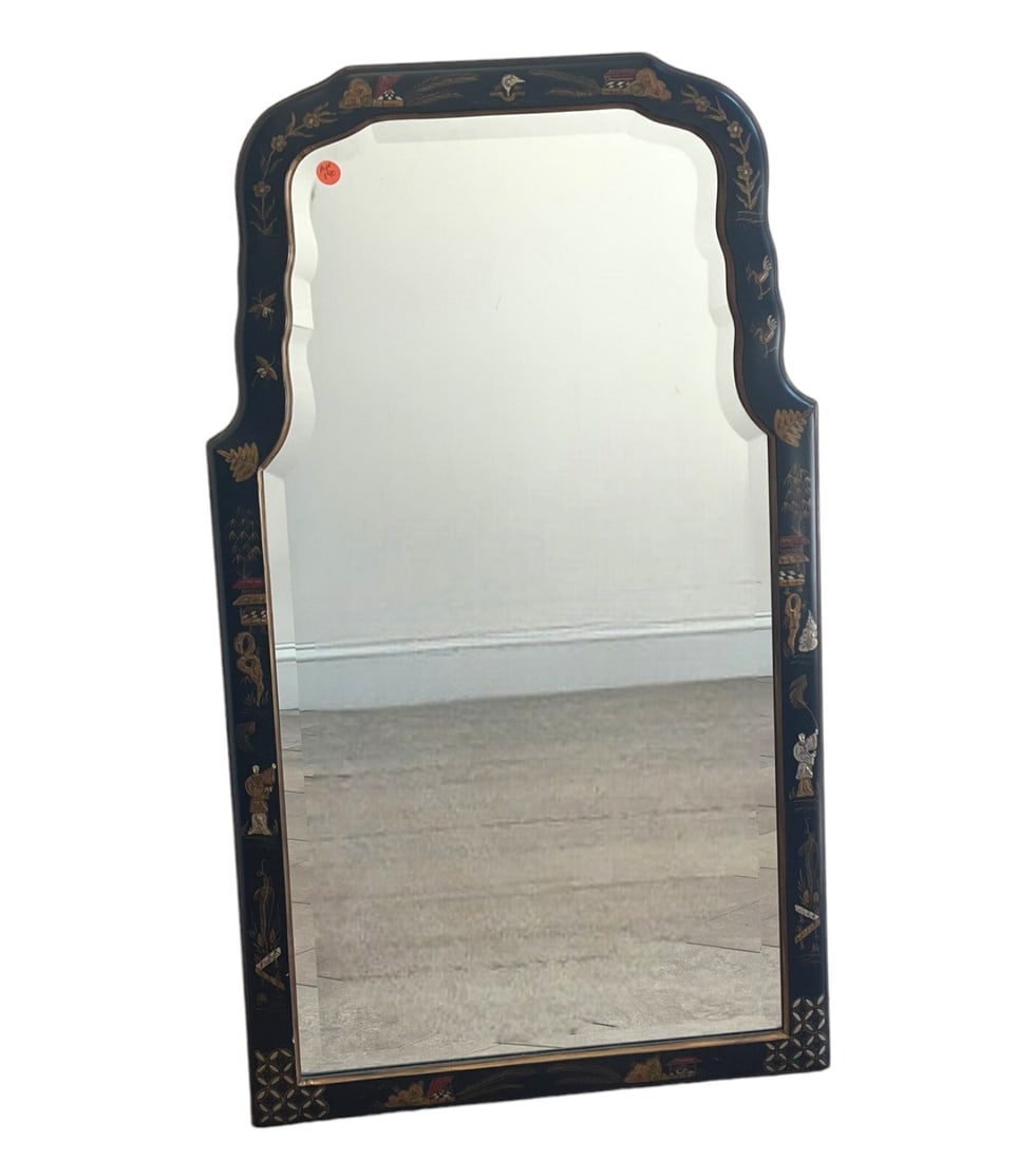 VINTAGE CHINOISERIE BEVELED WALL MIRROR: Vintage Black Lacquer Wood Chinoiserie Wall Beveled Mirror with Arched Top. Measures 21"x37.5"x1". Weight 17 lbs