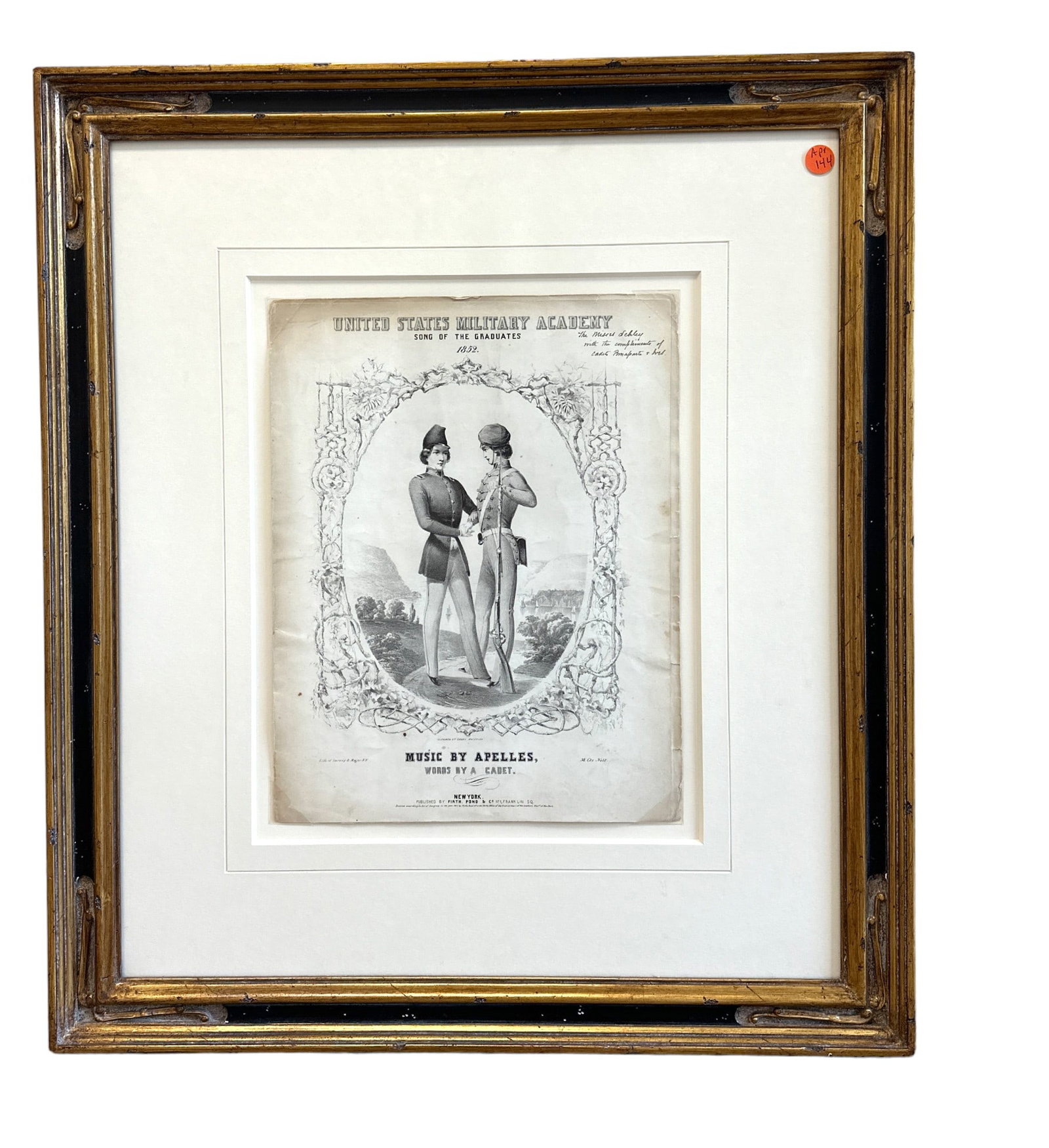 1852 JAMES MCNEILL WHISTLER WEST POINT SONG: Original Cover from The West Point Song of Graduates Sheet Music by James McNeill Whistler 1852. Framed and matted. In frame 22.5"x25.5"x1". Weight 7 lbs 3 oz.