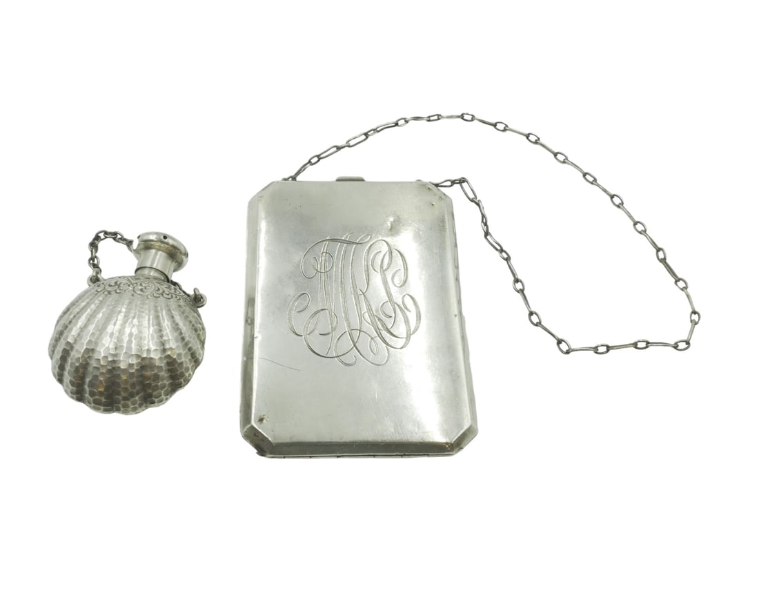 2 ANTIQUE STERLING SILVER PERFUME & DANCE PURSE: Both marked sterling. 1- Antique Victorian Sterling Silver Chatelaine Vinaigrette Perfume Scent Bottle Figural Shell 2.25" without chain. 2- American Sterling Silver Dance Purse by Webster, Attleboro 