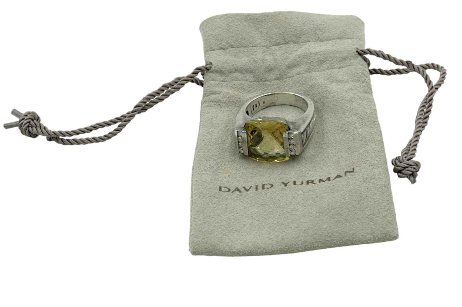DAVID YURMAN ALBION CITRINE DIAMONDS STERLING RING: David Yurman Albion Golden Square Checkerboard Cut Citrine with 8 Accenting Channel Set Diamonds. Size 8.5. Excellent Condition. PROVENANCE: The Charles Drayton House, 25 E. Battery, Charleston, SC