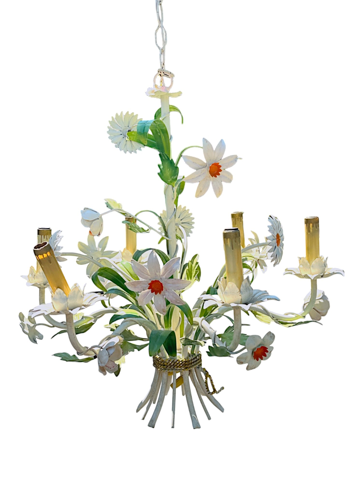 VINTAGE ITALIAN TOLE 5 ARM DAISY CHANDELIER: Whimsical Mid Century Italian Tole 5 Arm Daisy Chandelier. Measures 15?W ? 15?D ? 18?L. Total weight 8 lbs. PROVENANCE: A Private Estate Greenville, SC
