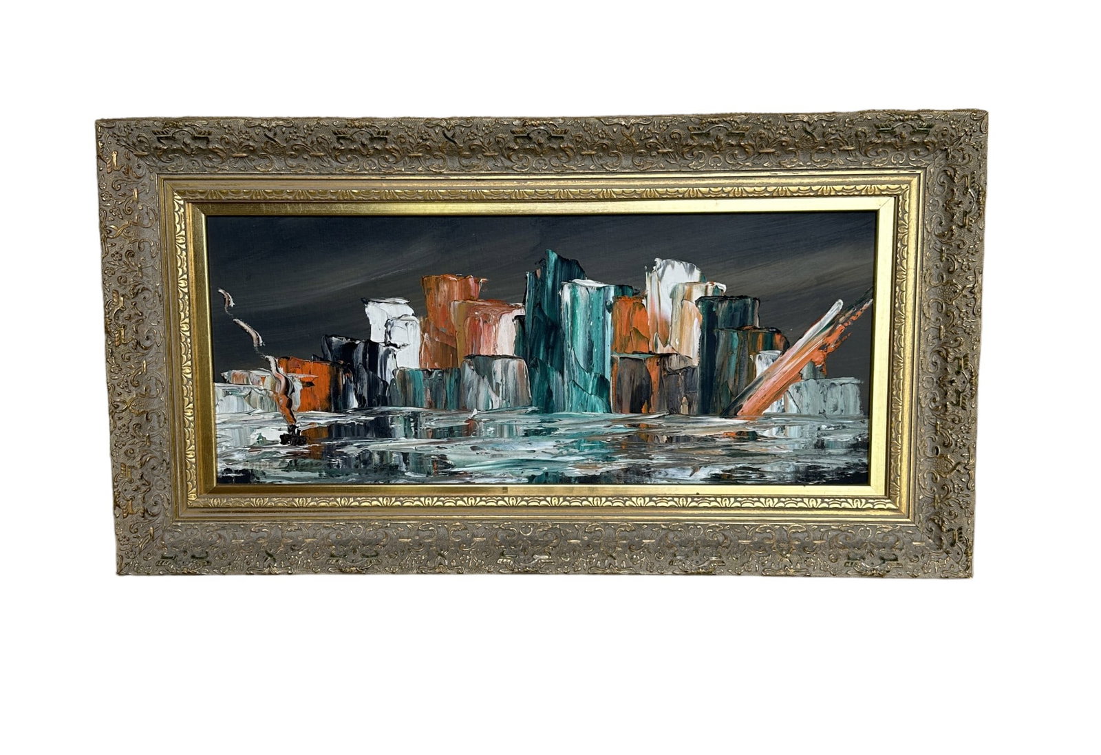 MID CENTURY 1950 HOMER COSTELLO (1899-1977): Vintage Mid Century Impressionist c. 1950 Homer Costello (American, 1899 ? 1977) pallet knife Cityscape Oil Painting. Professionally framed in ornate gilt wood frame. Homer Costello was a gifted paint