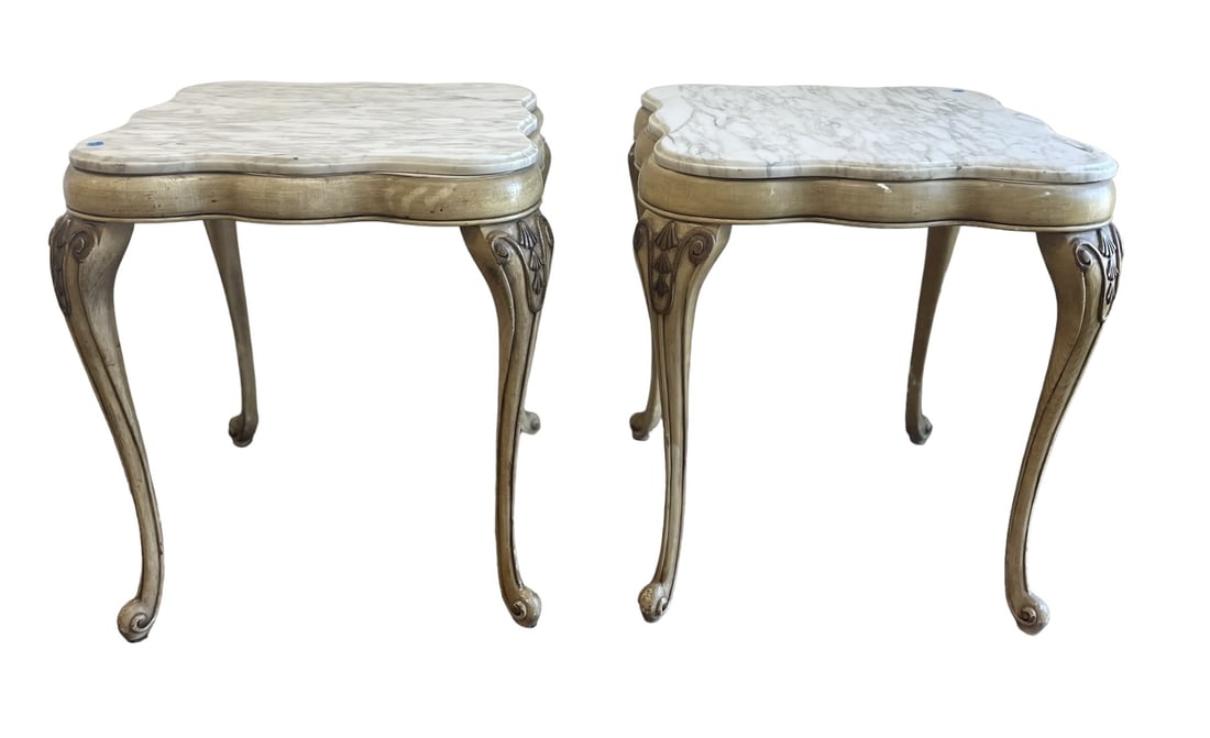 PAIR OF FRENCH PROVINCIAL MARBLE TOP END TABLES: Pair of Mid Century French Provincial Style Paint Decorated Marble Top End Tables, Made in Italy. H: 27" L: 21" W: 21"